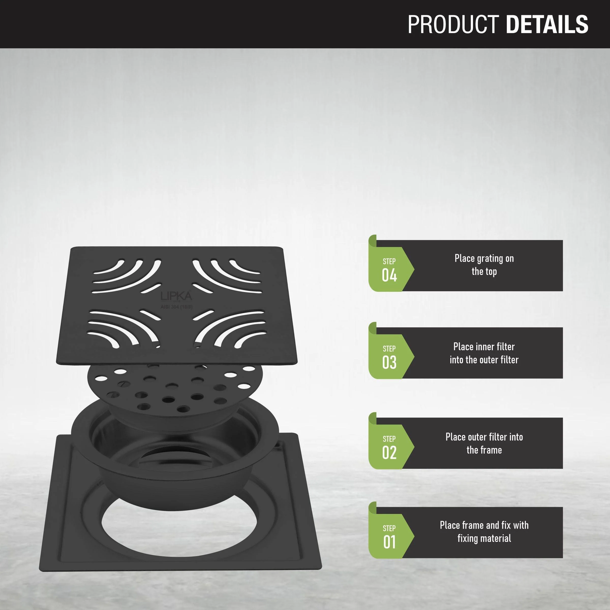 Purple Exclusive Square Flat Cut Floor Drain in Black PVD Coating (5 x 5 Inches) with Cockroach Trap - LIPKA - Image 3