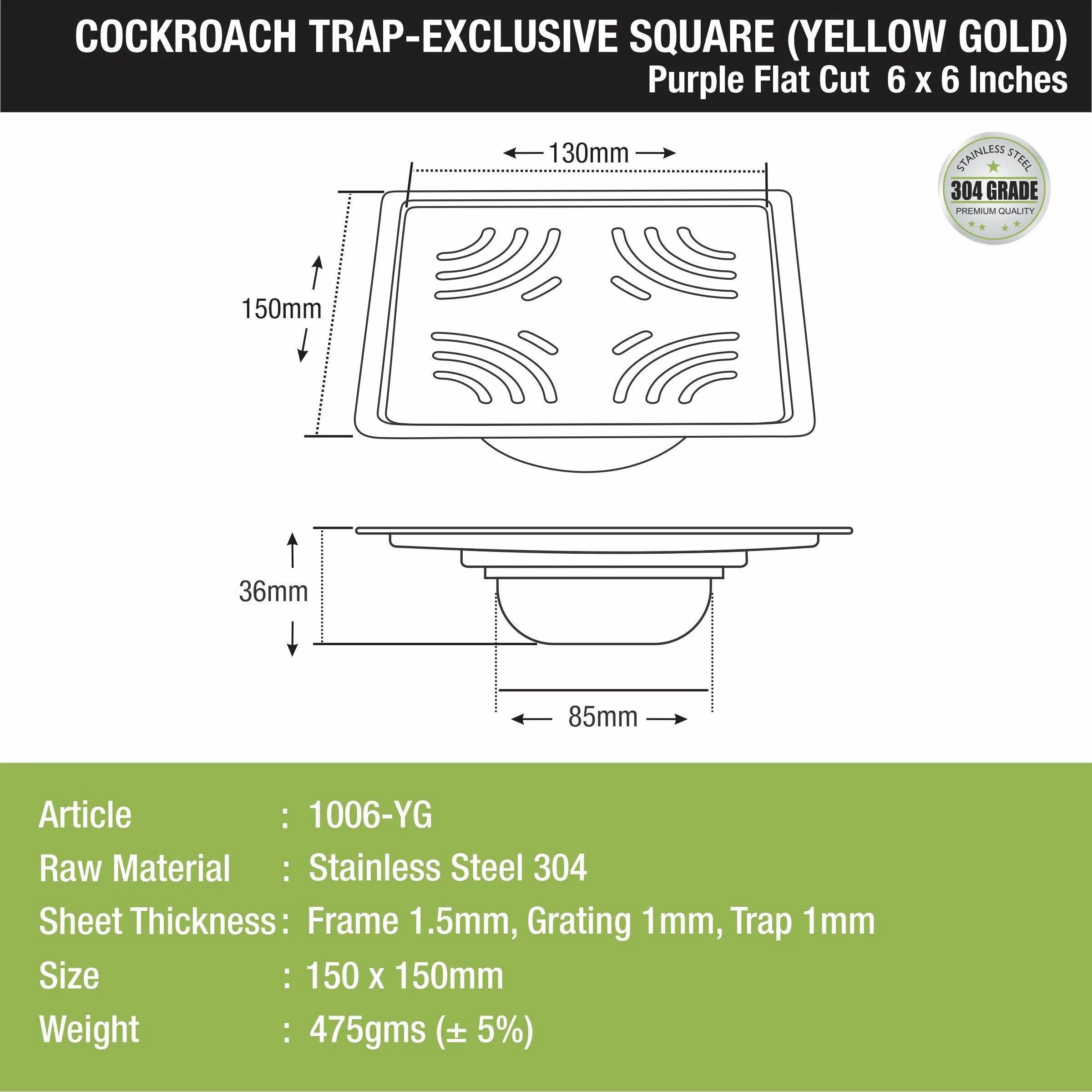 Purple Exclusive Square Flat Cut Floor Drain in Yellow Gold PVD Coating (6 x 6 Inches) with Cockroach Trap - LIPKA - Image 2