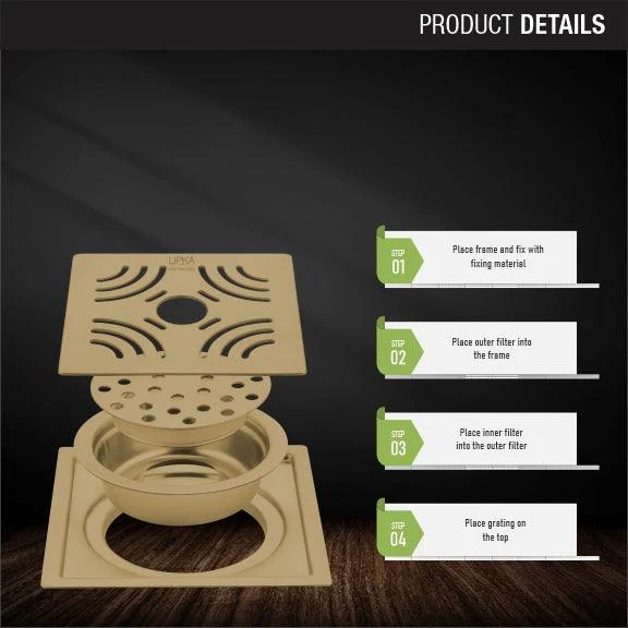 Purple Exclusive Square Flat Cut Floor Drain in Yellow Gold PVD Coating (6 x 6 Inches) with Hole & Cockroach Trap - LIPKA - Image 3
