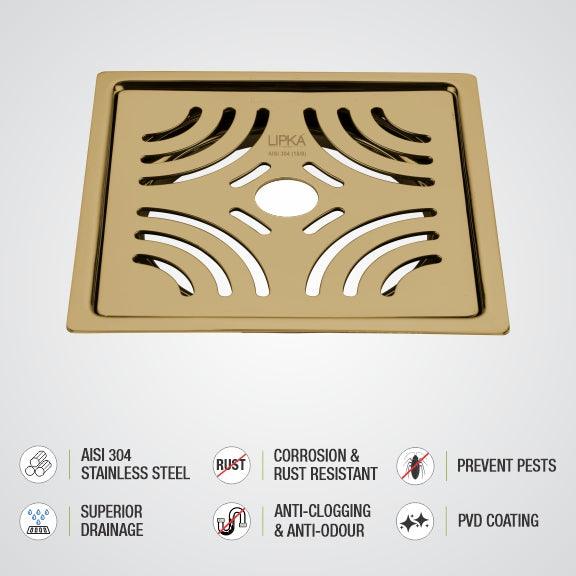 Purple Exclusive Square Flat Cut Floor Drain in Yellow Gold PVD Coating (6 x 6 Inches) with Hole - LIPKA - Image 3