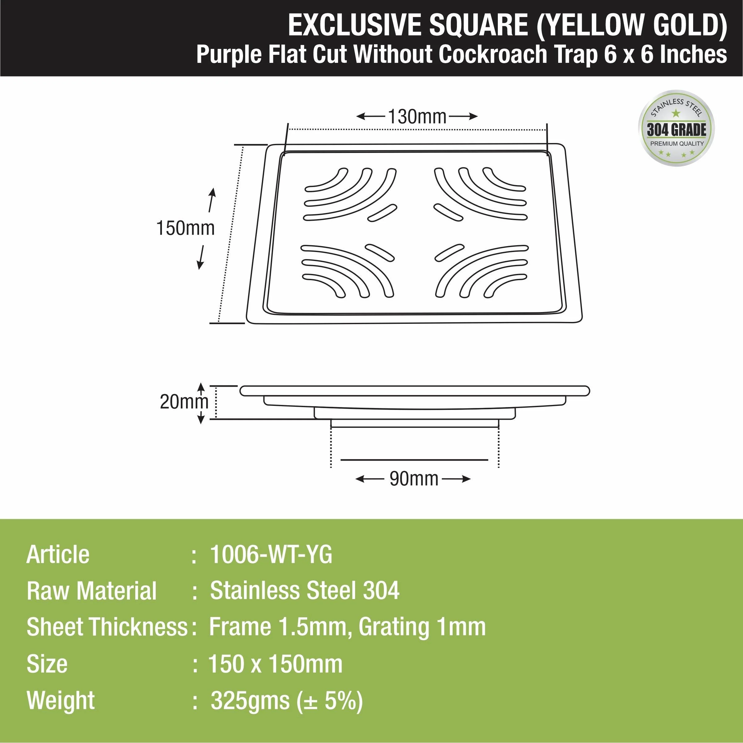 Purple Exclusive Square Flat Cut Floor Drain in Yellow Gold PVD Coating (6 x 6 Inches) - LIPKA - Image 2