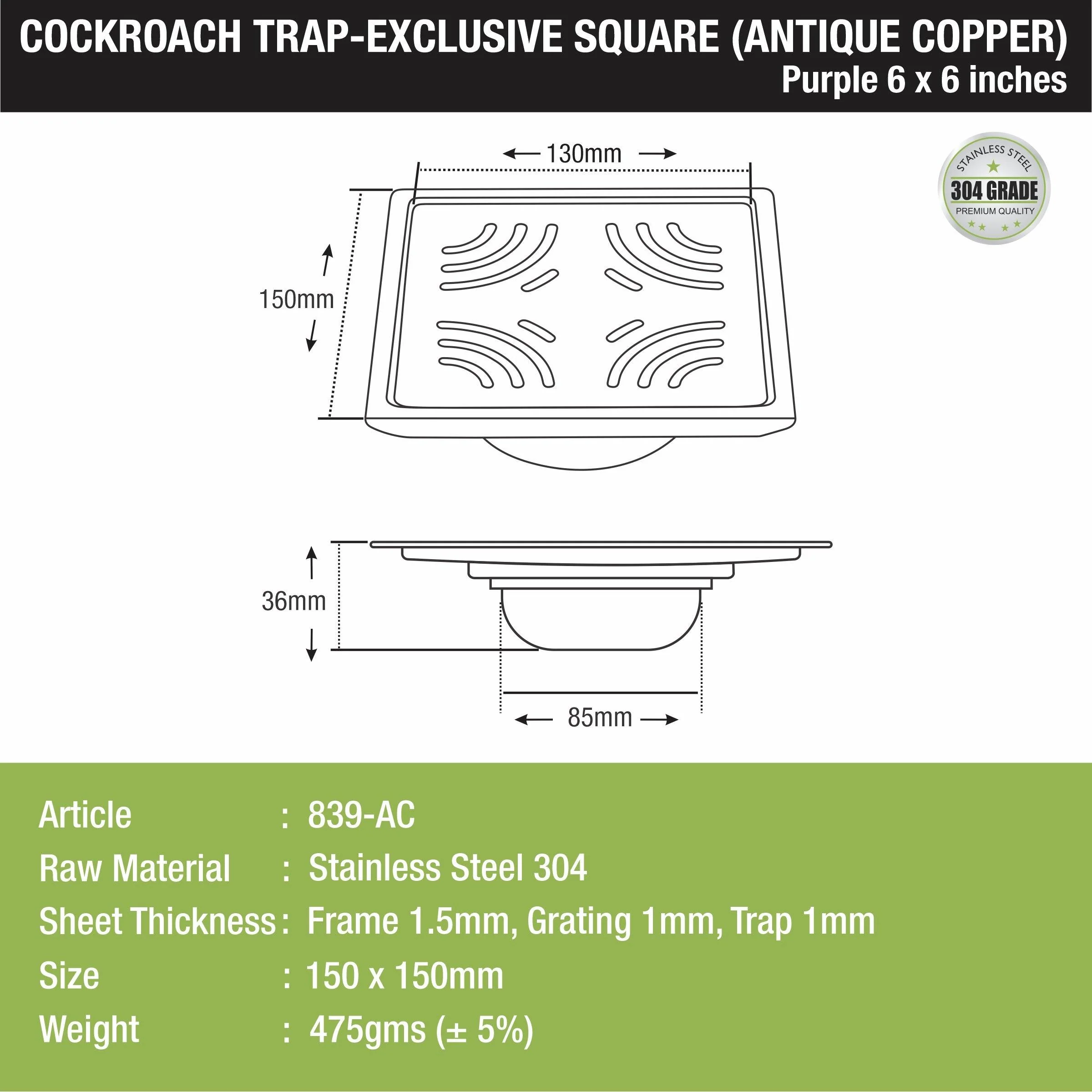 Purple Exclusive Square Floor Drain in Antique Copper PVD Coating (6 x 6 Inches) with Cockroach Trap - LIPKA - Image 2