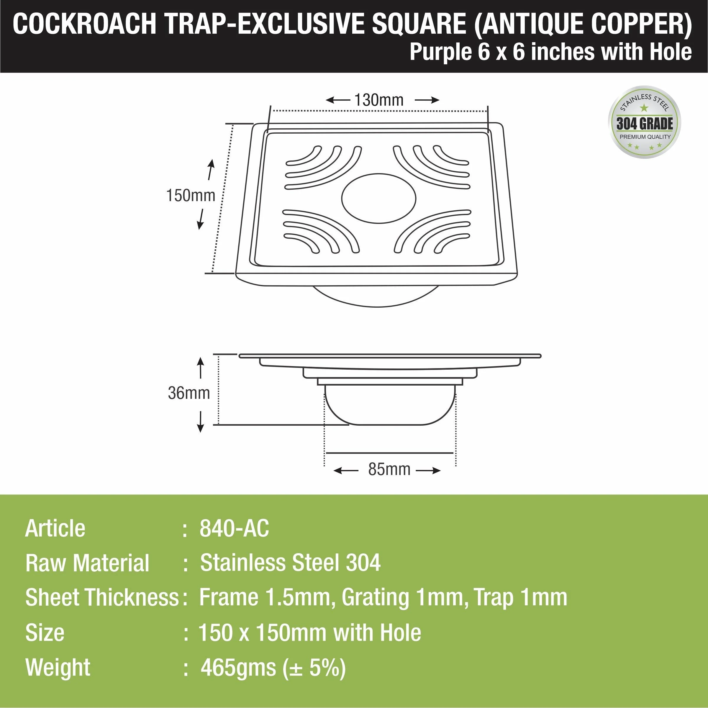 Purple Exclusive Square Floor Drain in Antique Copper PVD Coating (6 x 6 Inches) with Hole & Cockroach Trap - LIPKA - Image 2