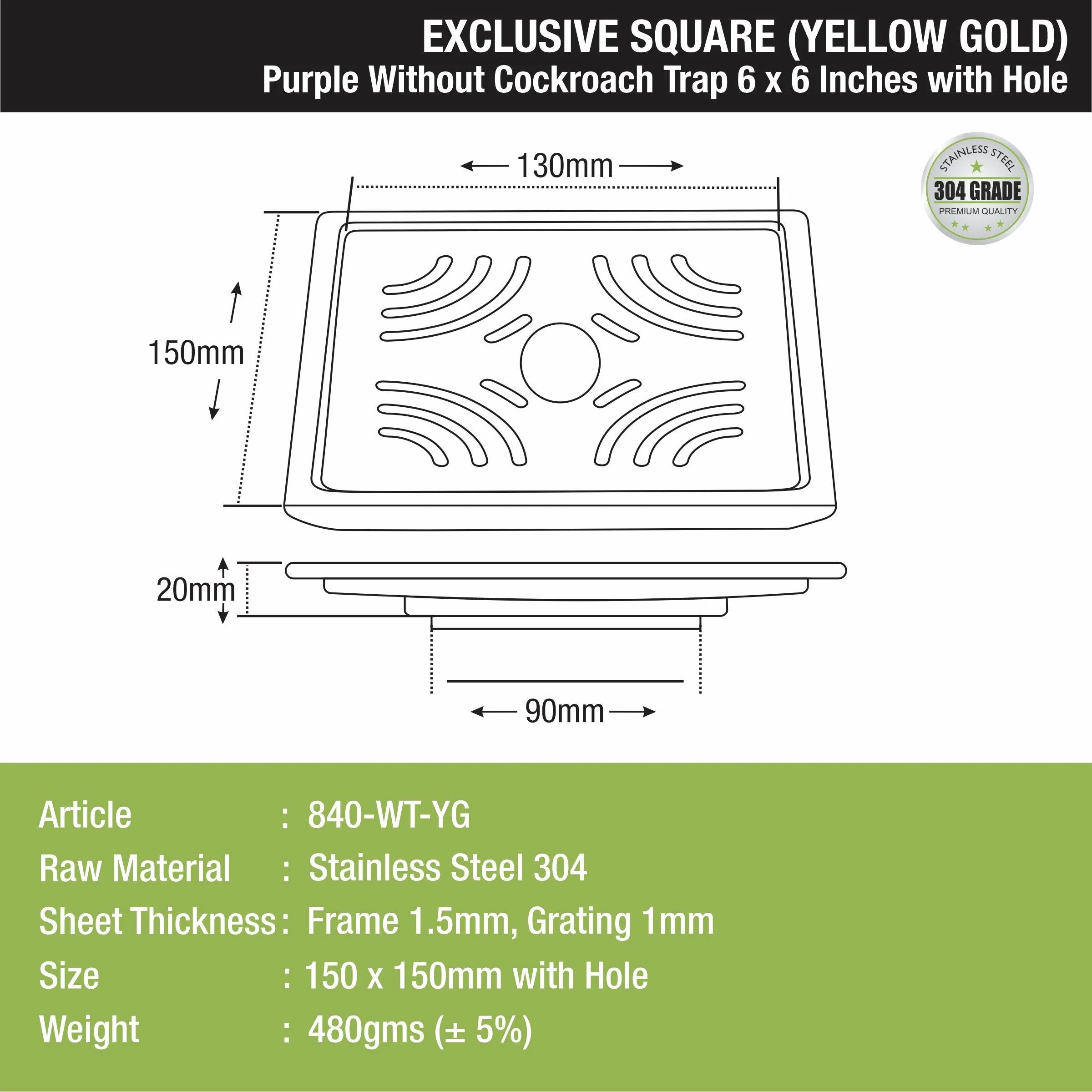 Purple Exclusive Square Floor Drain in Yellow Gold PVD Coating (6 x 6 Inches) with Hole - LIPKA - Image 2