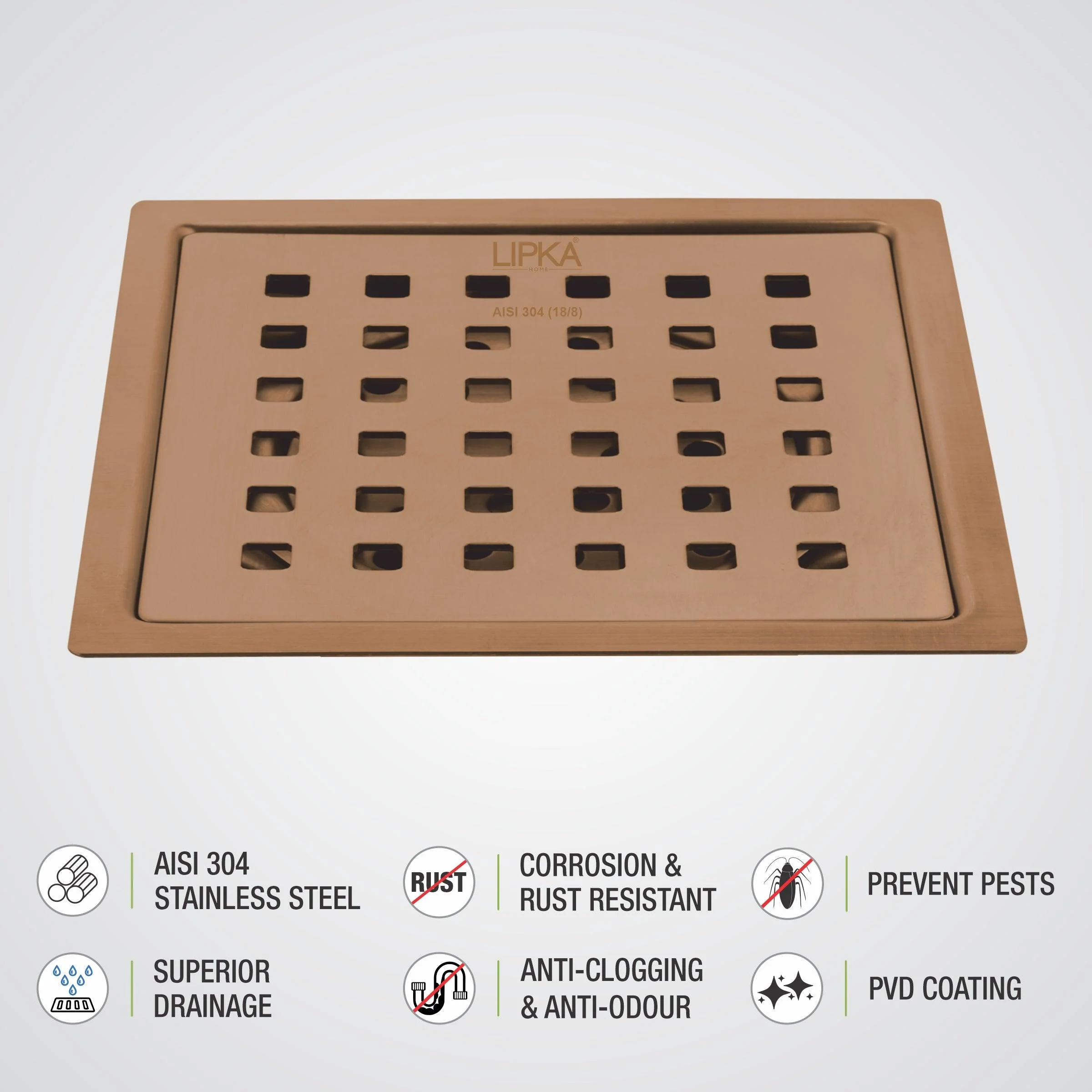 Red Exclusive Square Flat Cut Floor Drain in Antique Copper PVD Coating (5 x 5 Inches) - LIPKA - Image 3