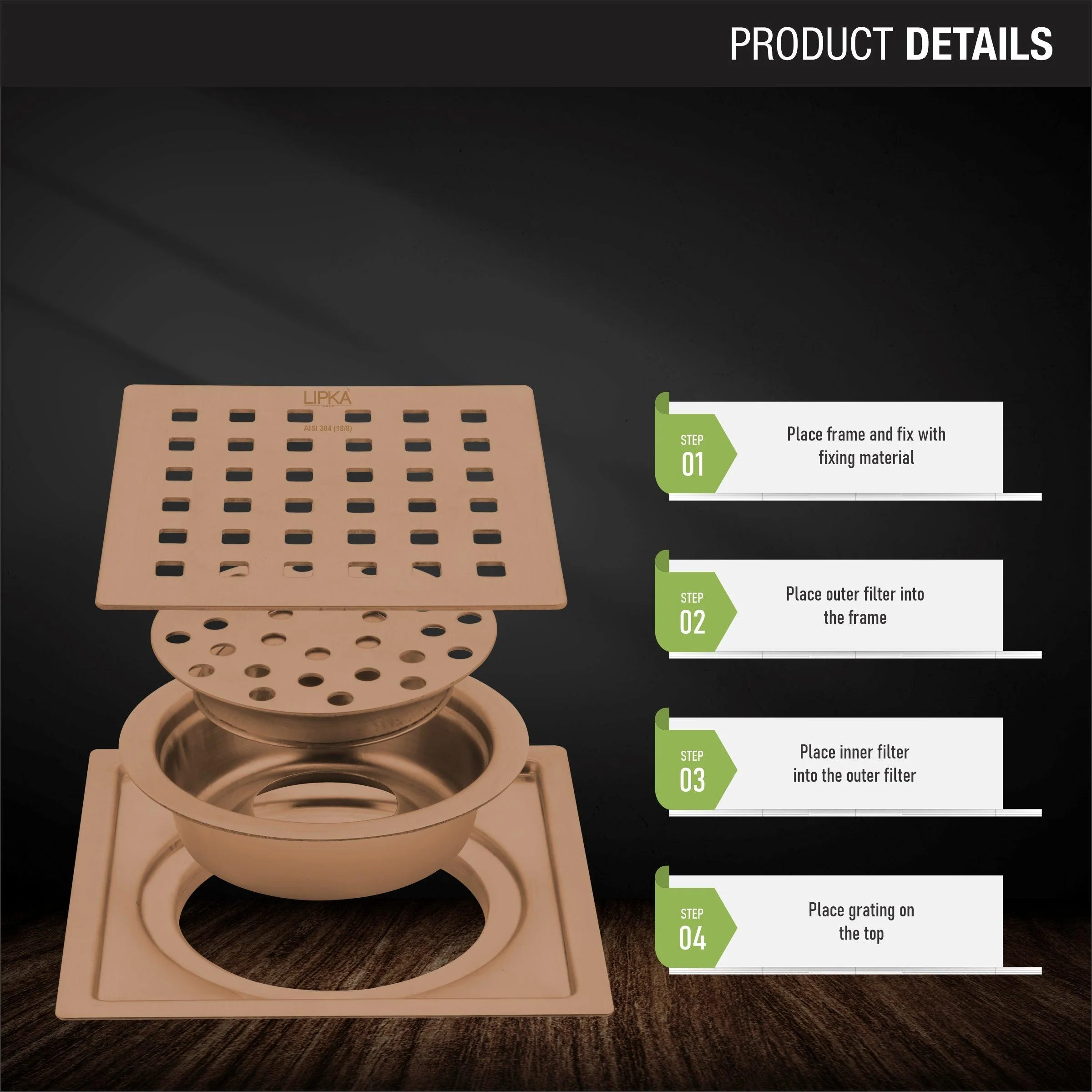 Red Exclusive Square Flat Cut Floor Drain in Antique Copper PVD Coating (5 x 5 Inches) with Cockroach Trap - LIPKA - Image 3