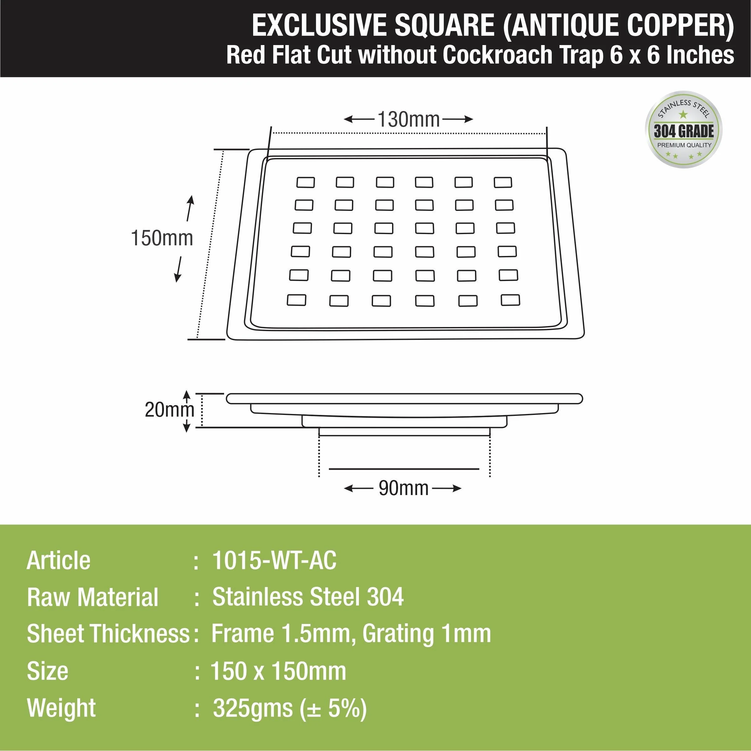 Red Exclusive Square Flat Cut Floor Drain in Antique Copper PVD Coating (6 x 6 Inches) - LIPKA - Image 2