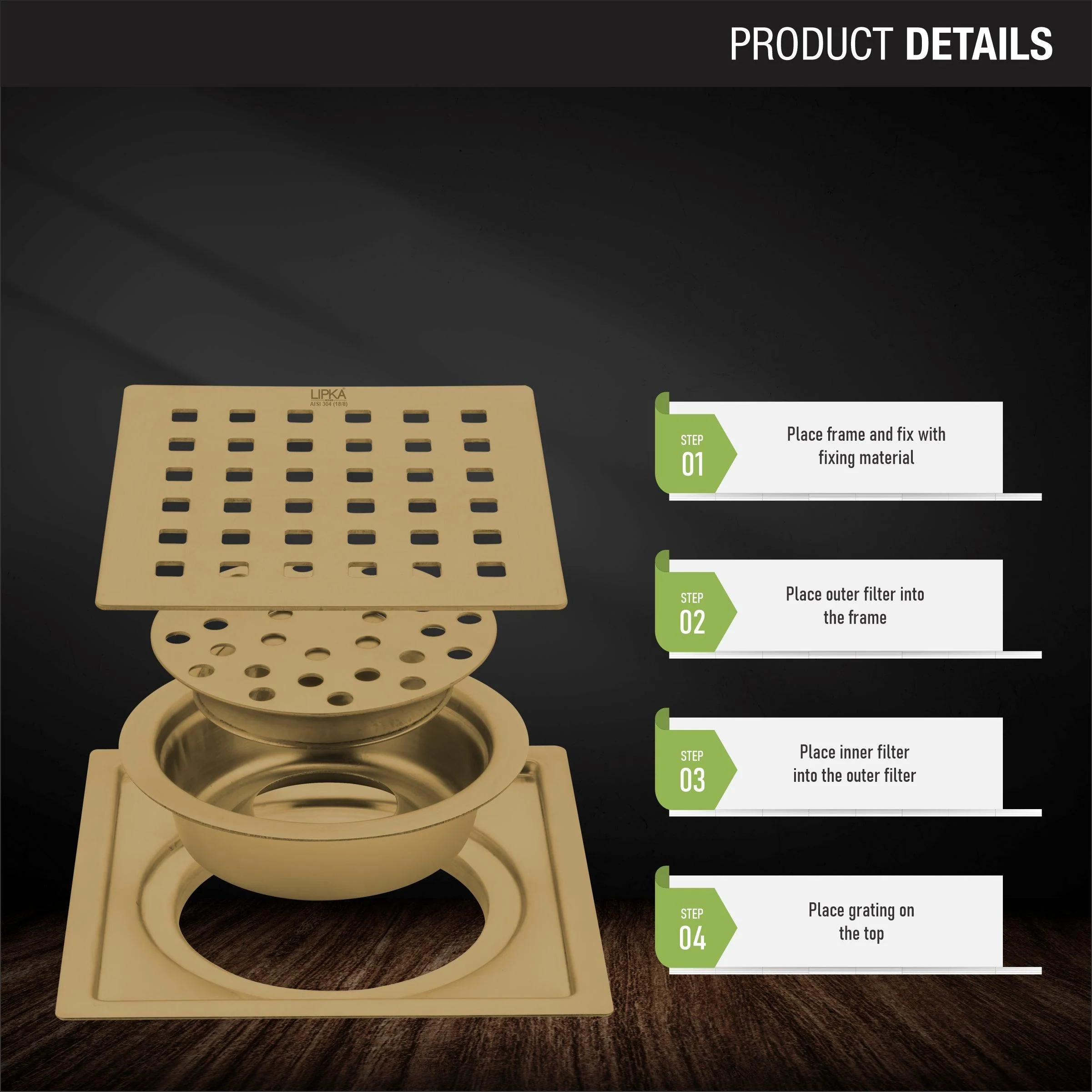 Red Exclusive Square Flat Cut Floor Drain in Yellow Gold PVD Coating (5 x 5 Inches) with Cockroach Trap - LIPKA - Image 3