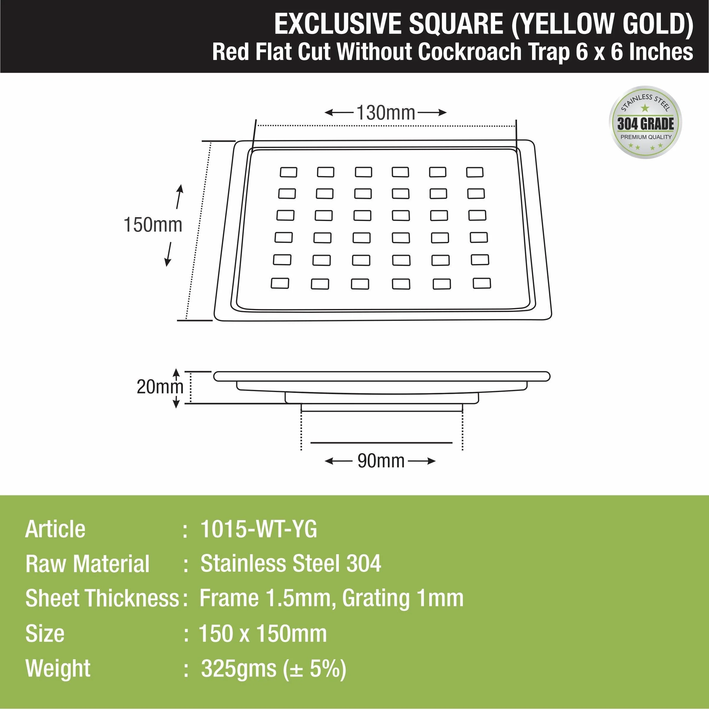 Red Exclusive Square Flat Cut Floor Drain in Yellow Gold PVD Coating (6 x 6 Inches) - LIPKA - Image 2
