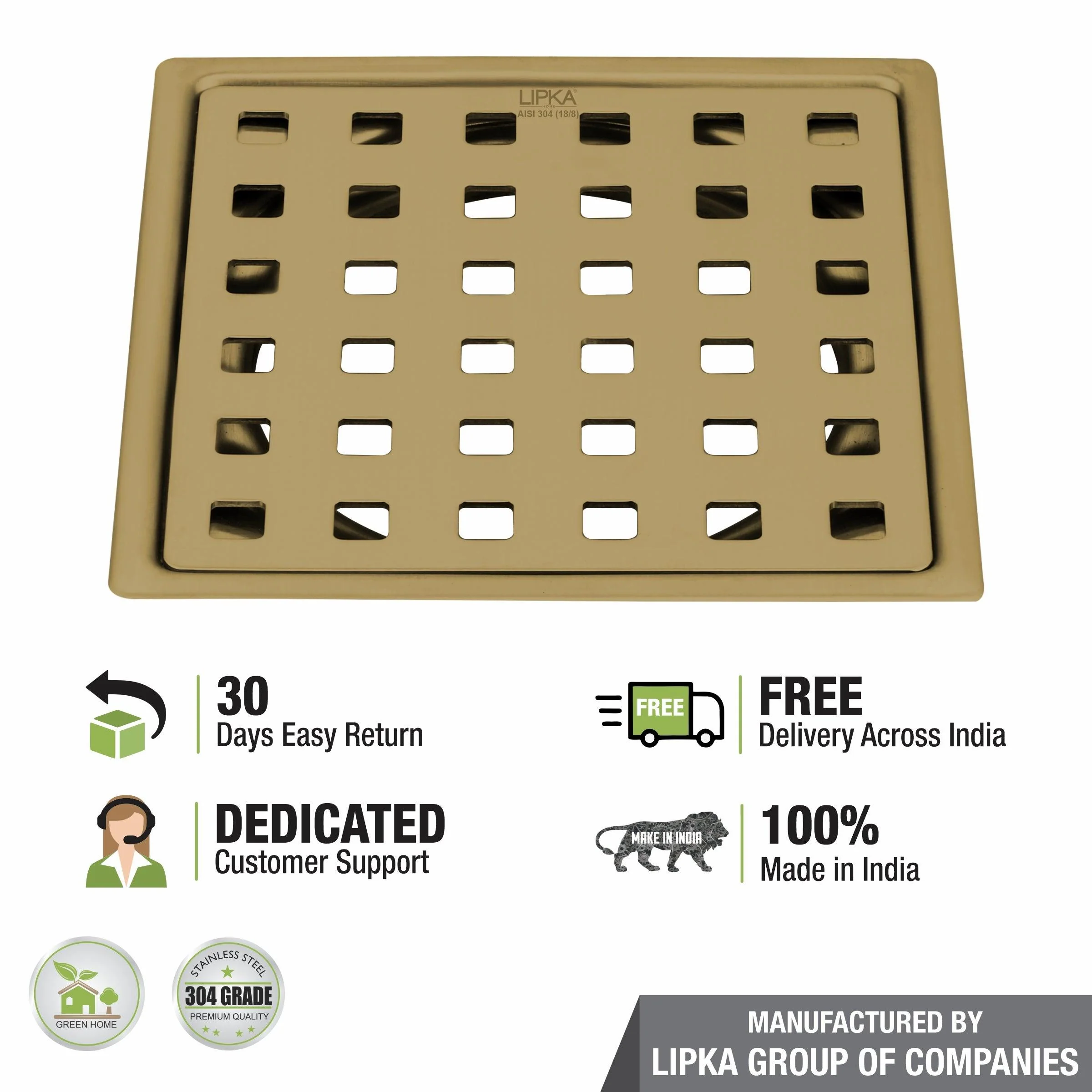 Red Exclusive Square Flat Cut Floor Drain in Yellow Gold PVD Coating (6 x 6 Inches) - LIPKA - Image 4