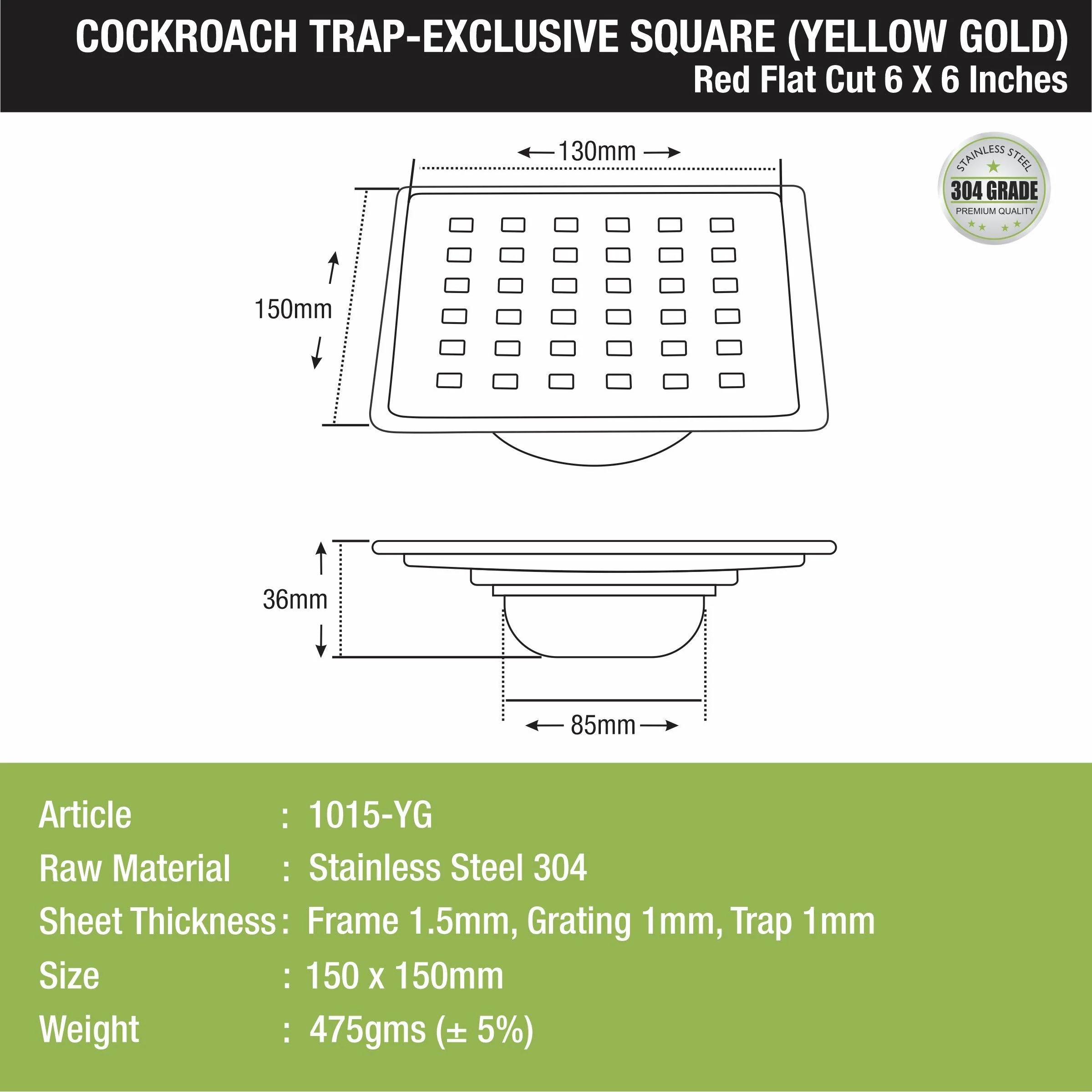 Red Exclusive Square Flat Cut Floor Drain in Yellow Gold PVD Coating (6 x 6 Inches) with Cockroach Trap - LIPKA - Image 2