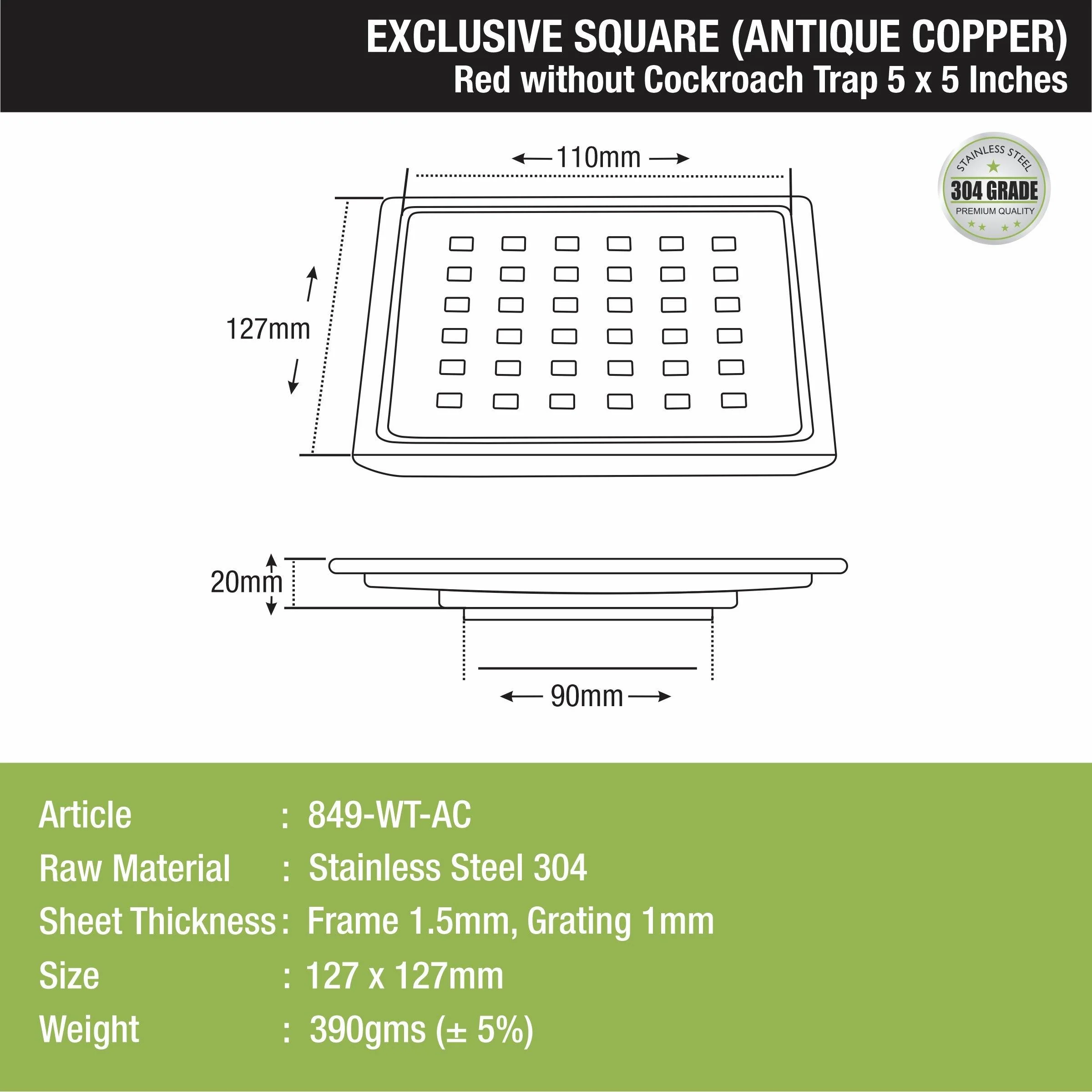 Red Exclusive Square Floor Drain in Antique Copper PVD Coating (5 x 5 Inches) - LIPKA - Image 2