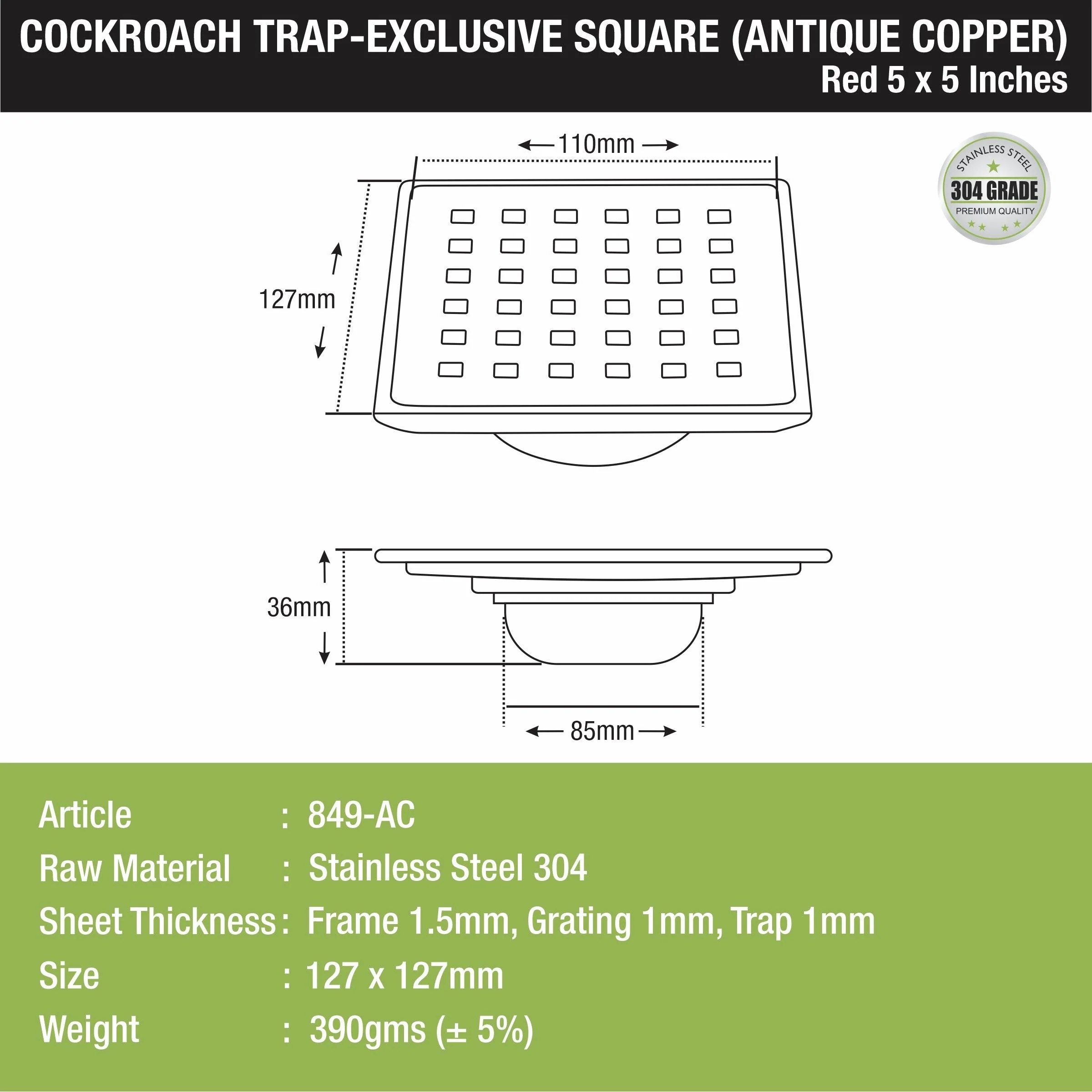 Red Exclusive Square Floor Drain in Antique Copper PVD Coating (5 x 5 Inches) with Cockroach Trap - LIPKA - Image 2