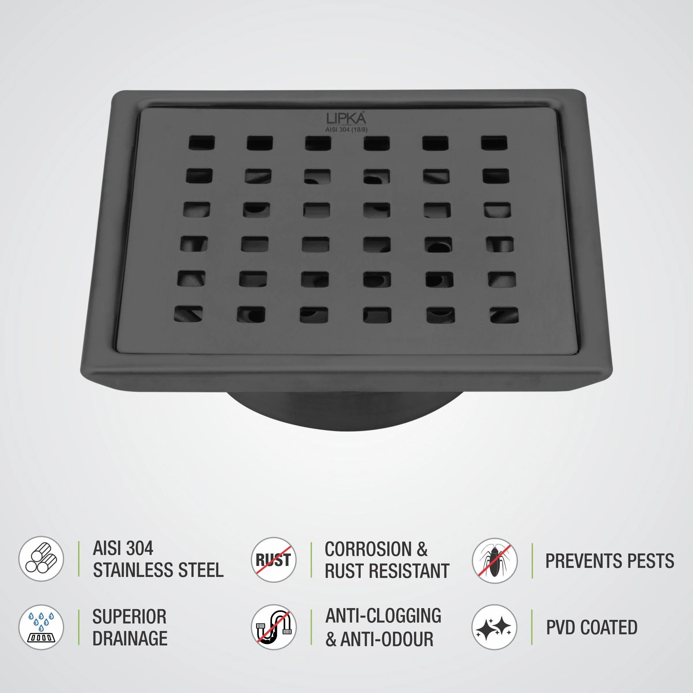 Red Exclusive Square Floor Drain in Black PVD Coating (5 x 5 Inches) with Cockroach Trap - LIPKA - Image 4