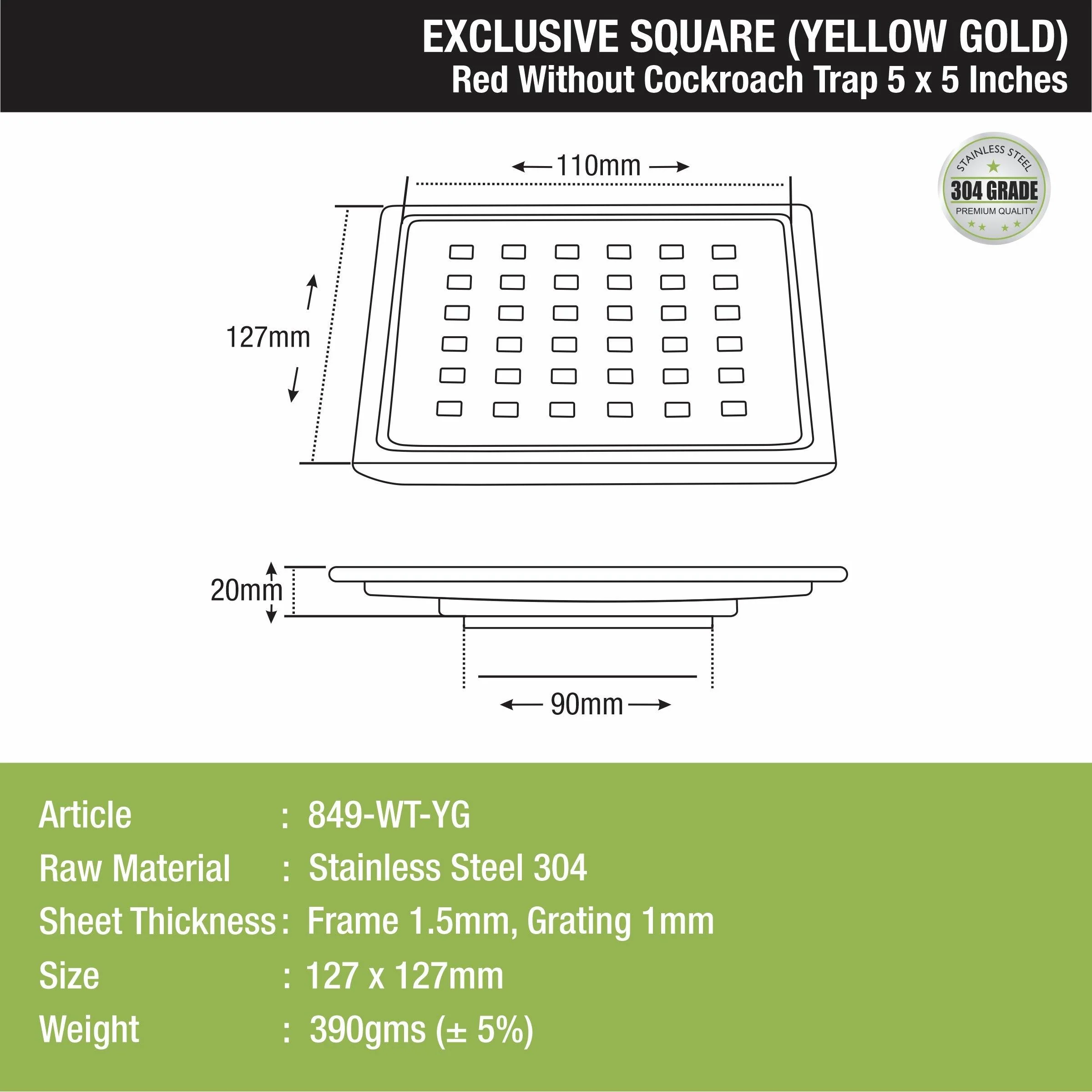 Red Exclusive Square Floor Drain in Yellow Gold PVD Coating (5 x 5 Inches) - LIPKA - Image 2