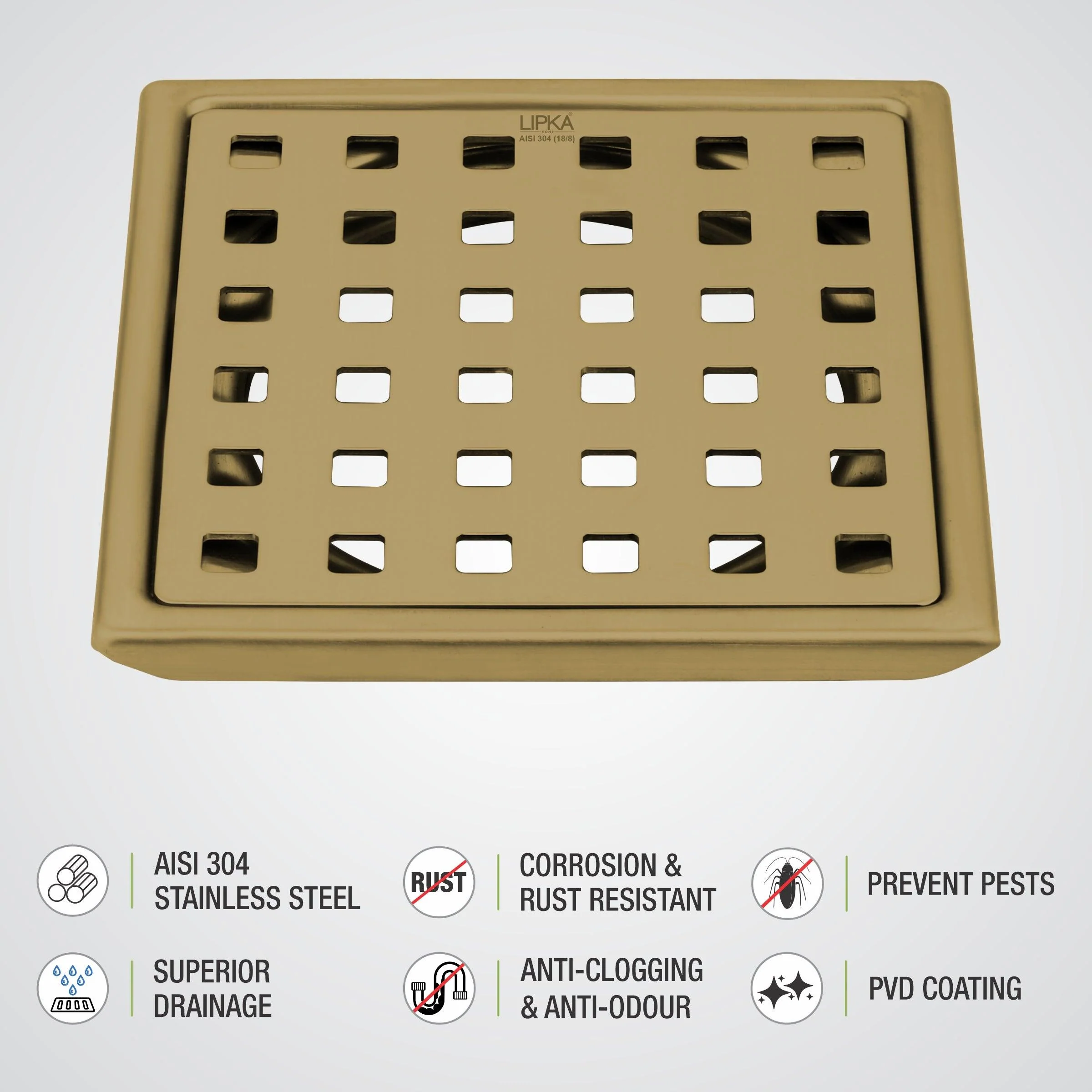 Red Exclusive Square Floor Drain in Yellow Gold PVD Coating (5 x 5 Inches) - LIPKA - Image 3