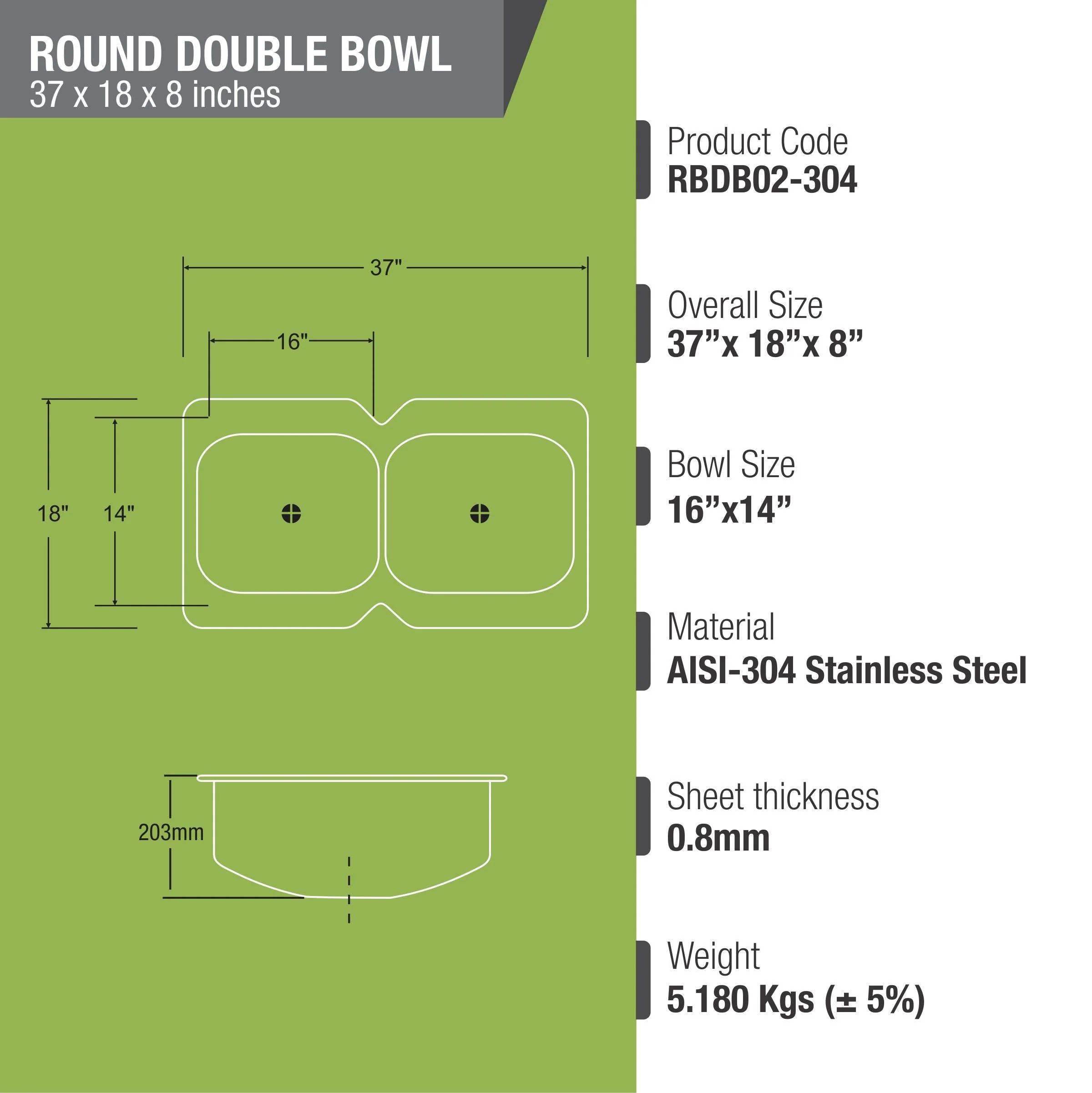 Round Double Bowl 304-Grade Kitchen Sink (37 x 18 x 8 Inches) - LIPKA - Image 3