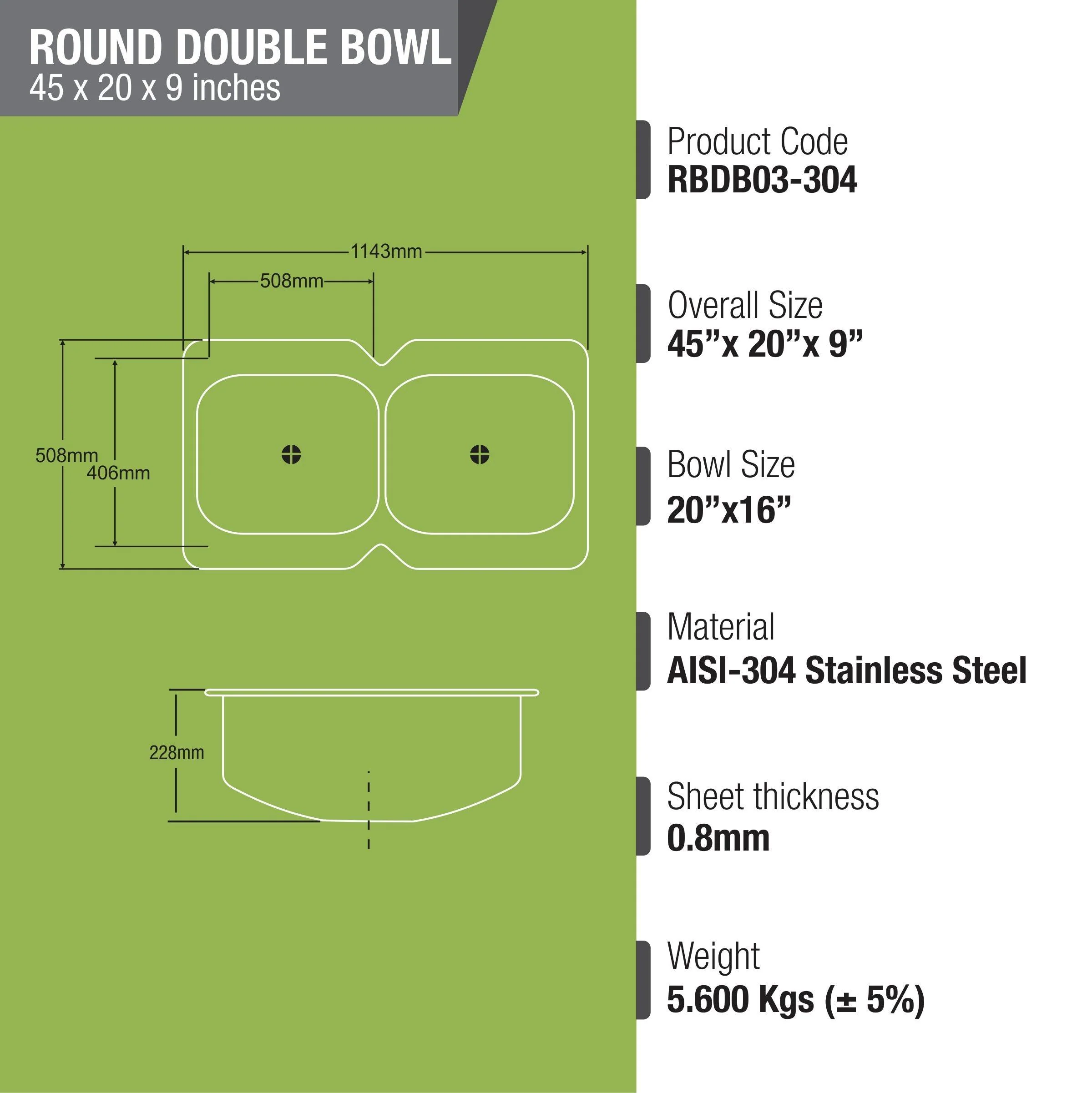 Round Double Bowl 304-Grade Kitchen Sink (45 x 20 x 9 Inches) - LIPKA - Image 3