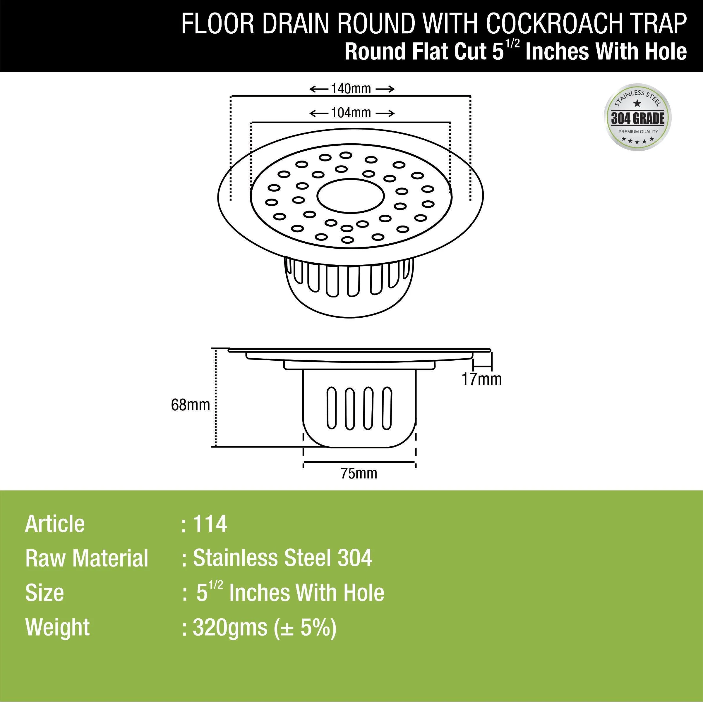 Round Flat Cut Floor Drain (5.5 inches) with Cockroach Trap & Hole - LIPKA - Image 2