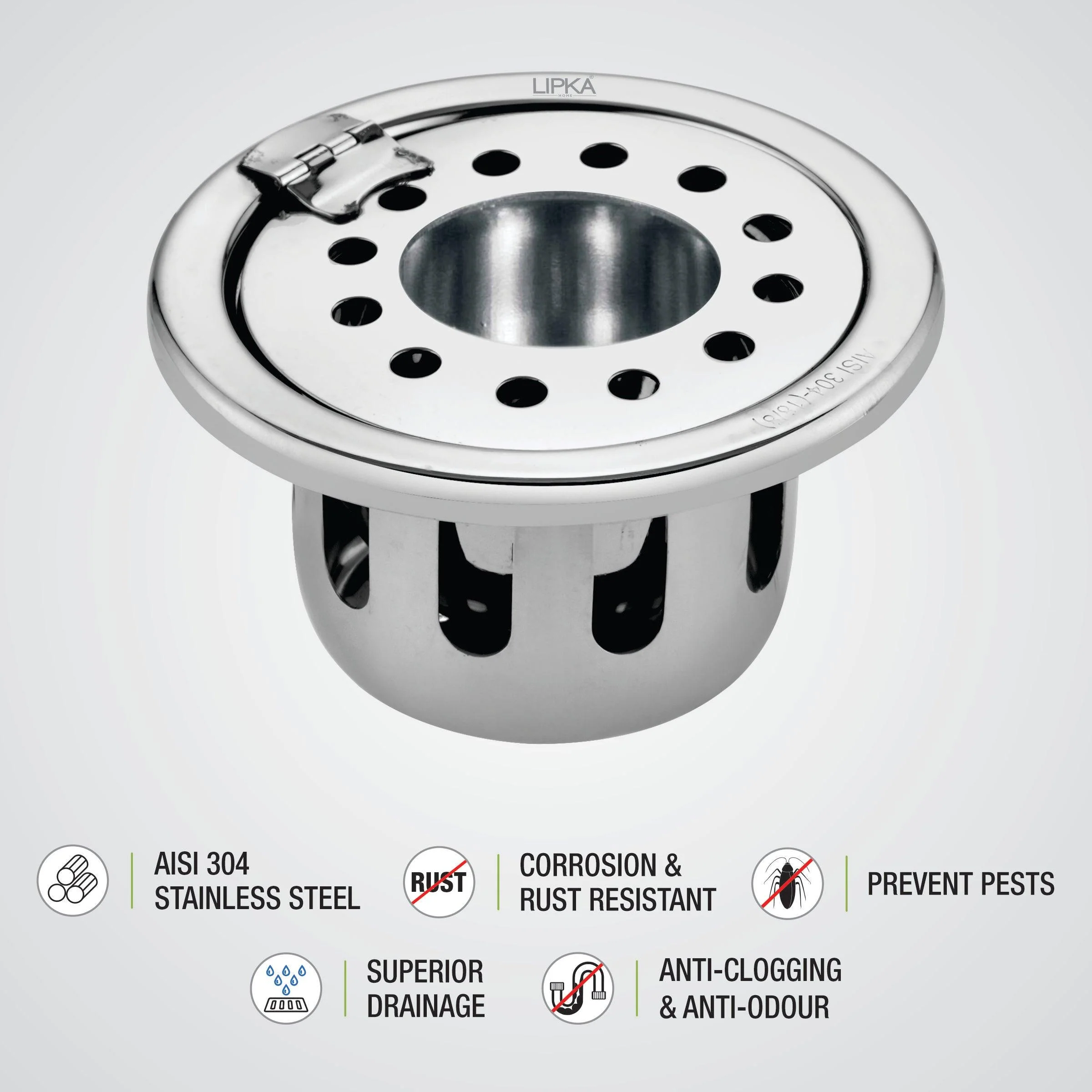 Round Floor Drain (4 inches) with Hinge, Hole & Cockroach Trap - LIPKA - Image 3