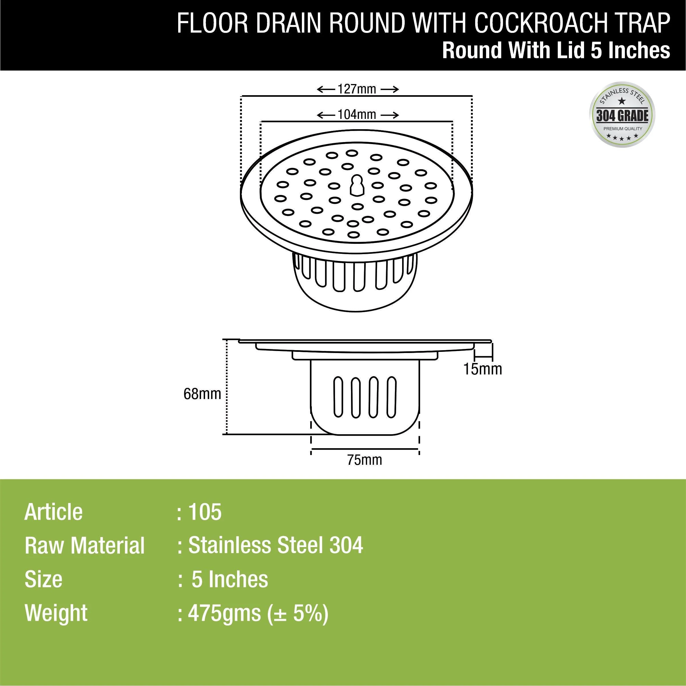 Round Floor Drain (5 inches) with Cockroach Trap & Lid - LIPKA - Image 2