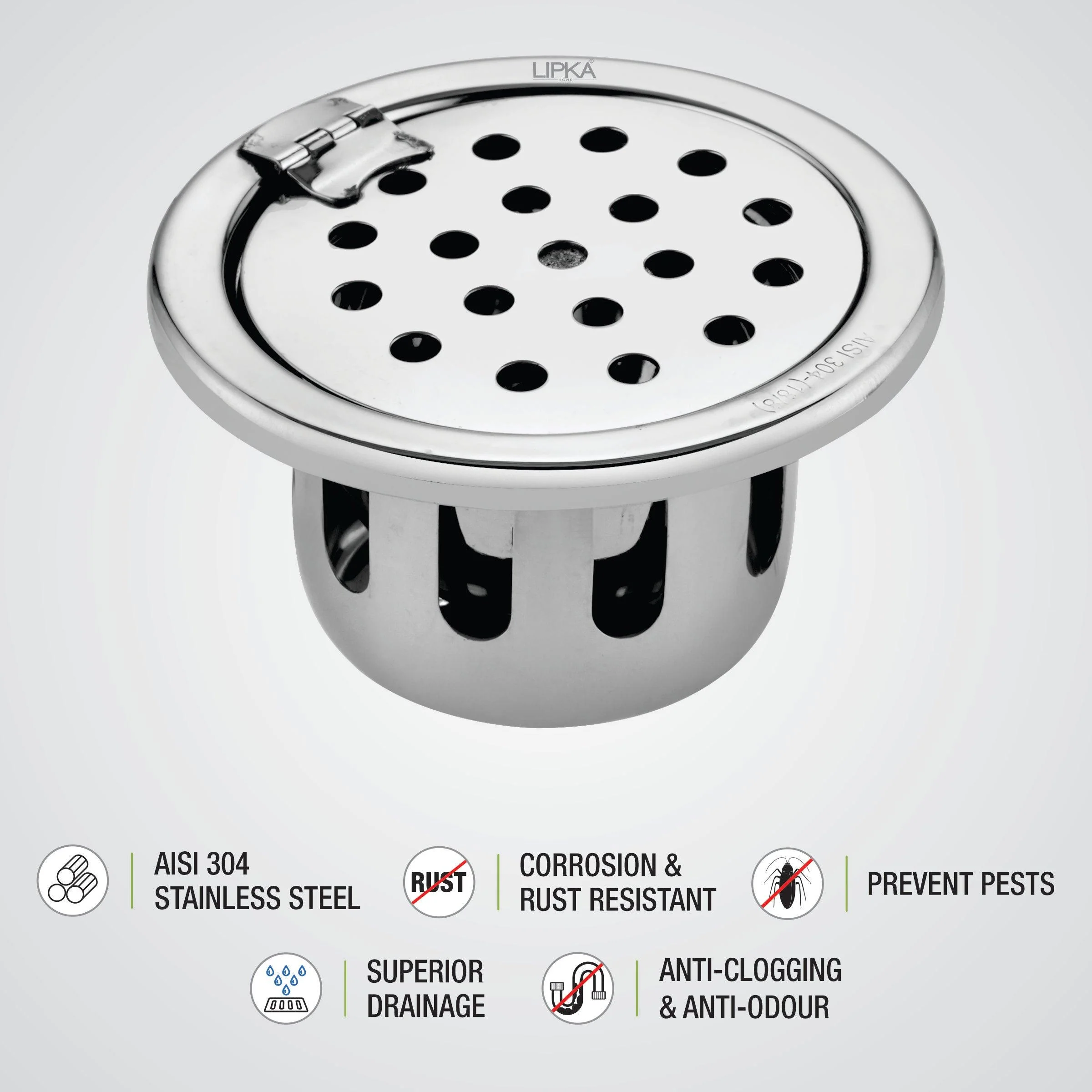 Round Floor Drain (5 inches) with Hinge & Cockroach Trap - LIPKA - Image 3