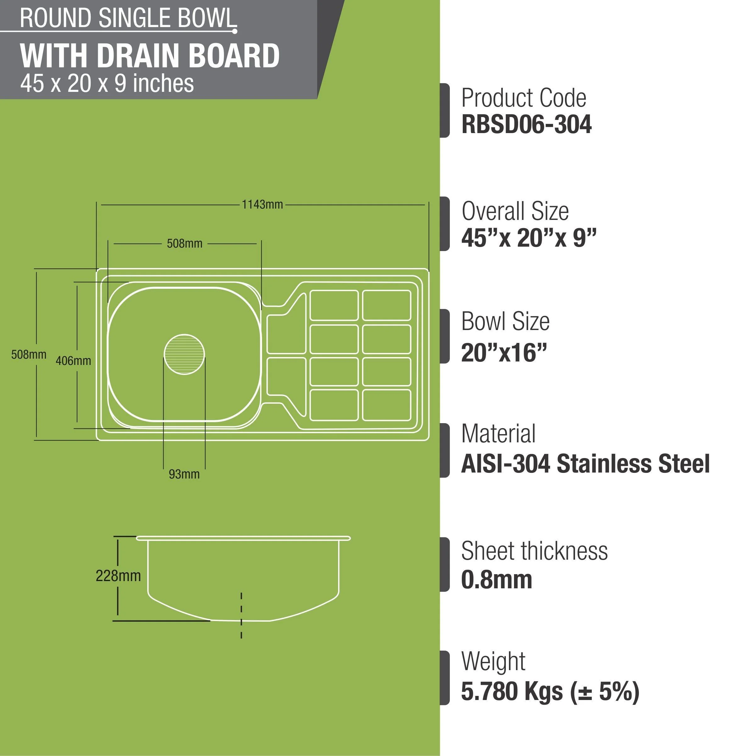 Round Single Bowl 304-Grade Kitchen Sink with Drainboard (45 x 20 x 9 Inches) - LIPKA - Image 3