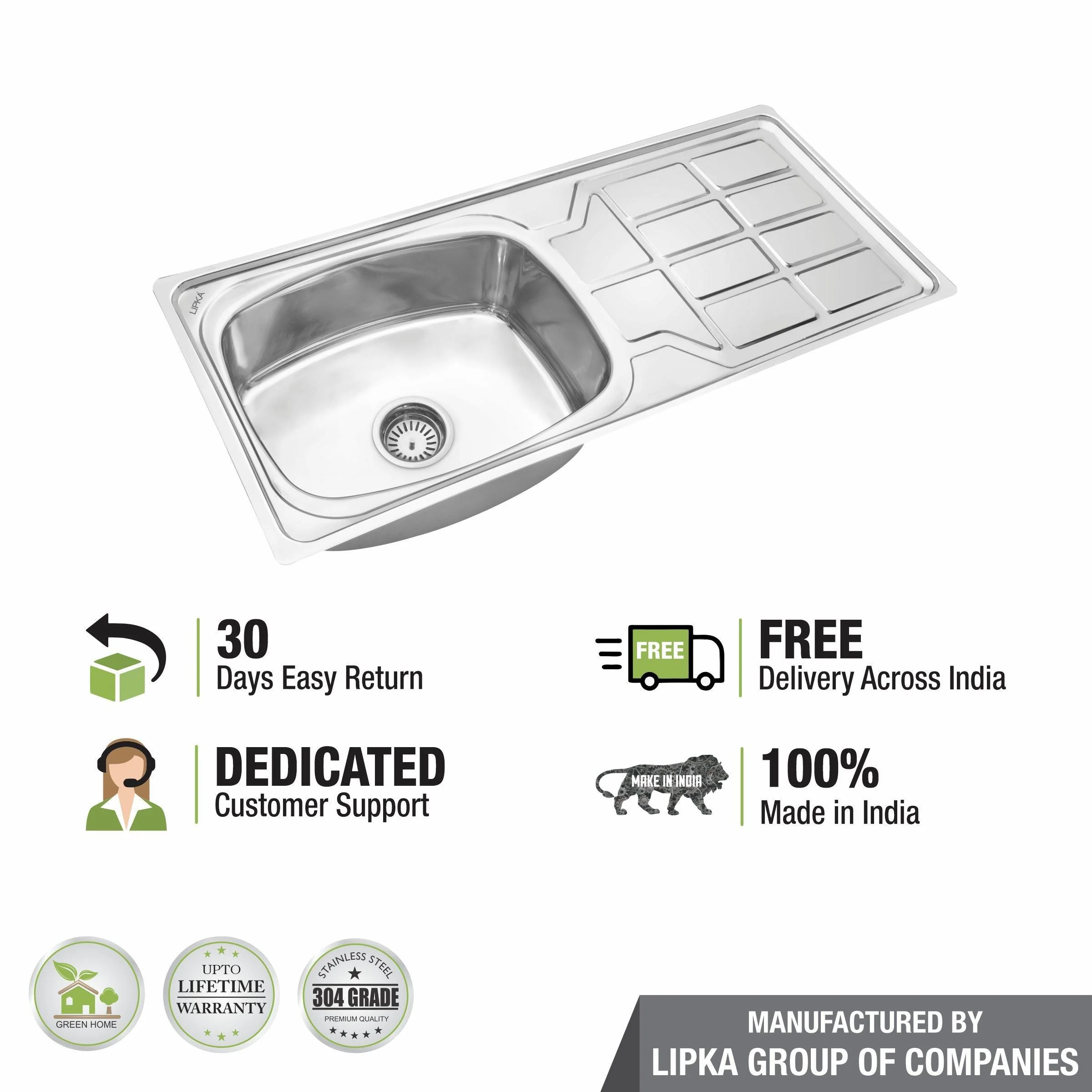 Round Single Bowl 304-Grade Kitchen Sink with Drainboard (45 x 20 x 9 Inches) - LIPKA - Image 6