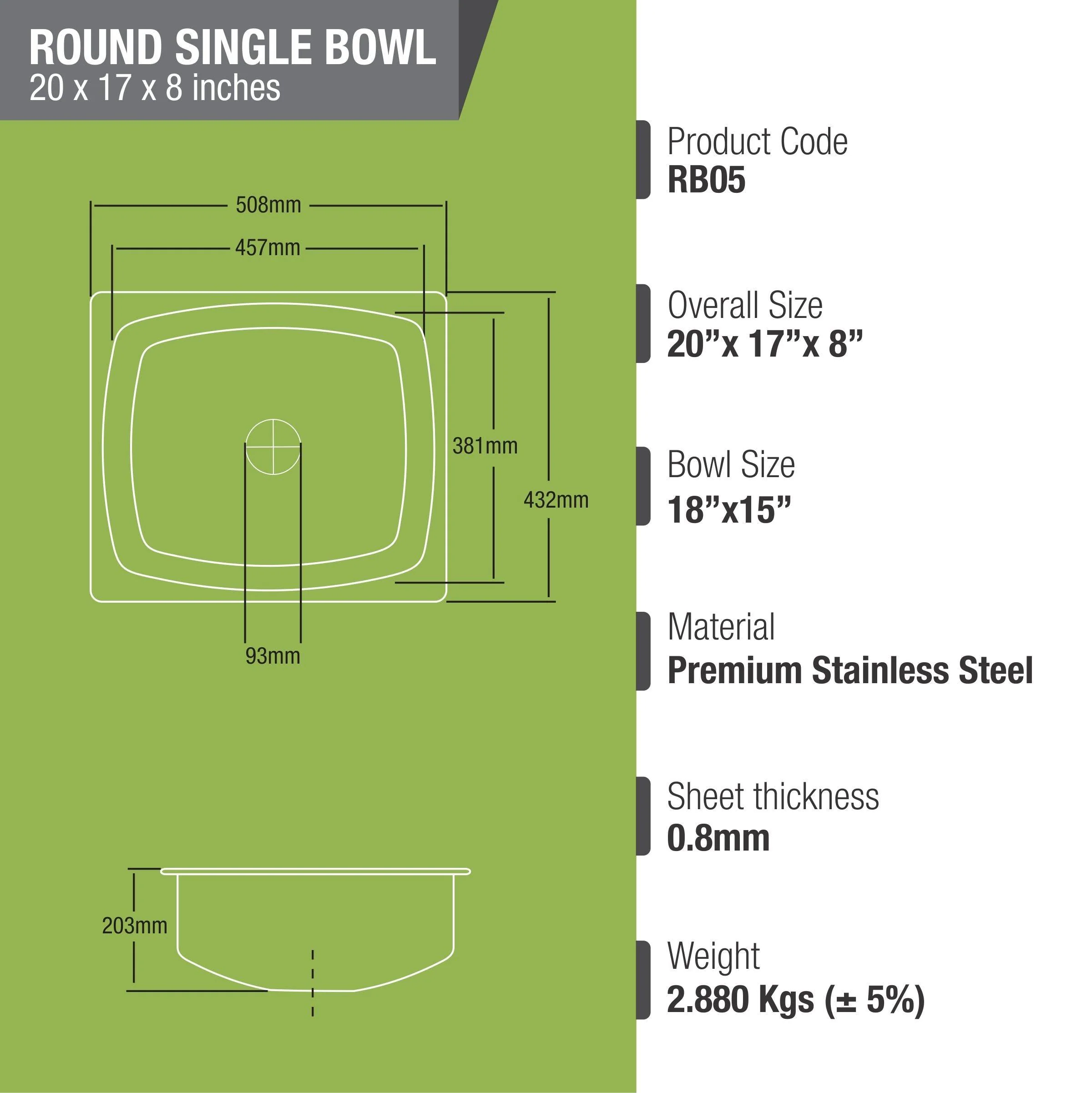 Round Single Bowl Kitchen Sink (20 x 17 x 8 Inches) - LIPKA - Image 3