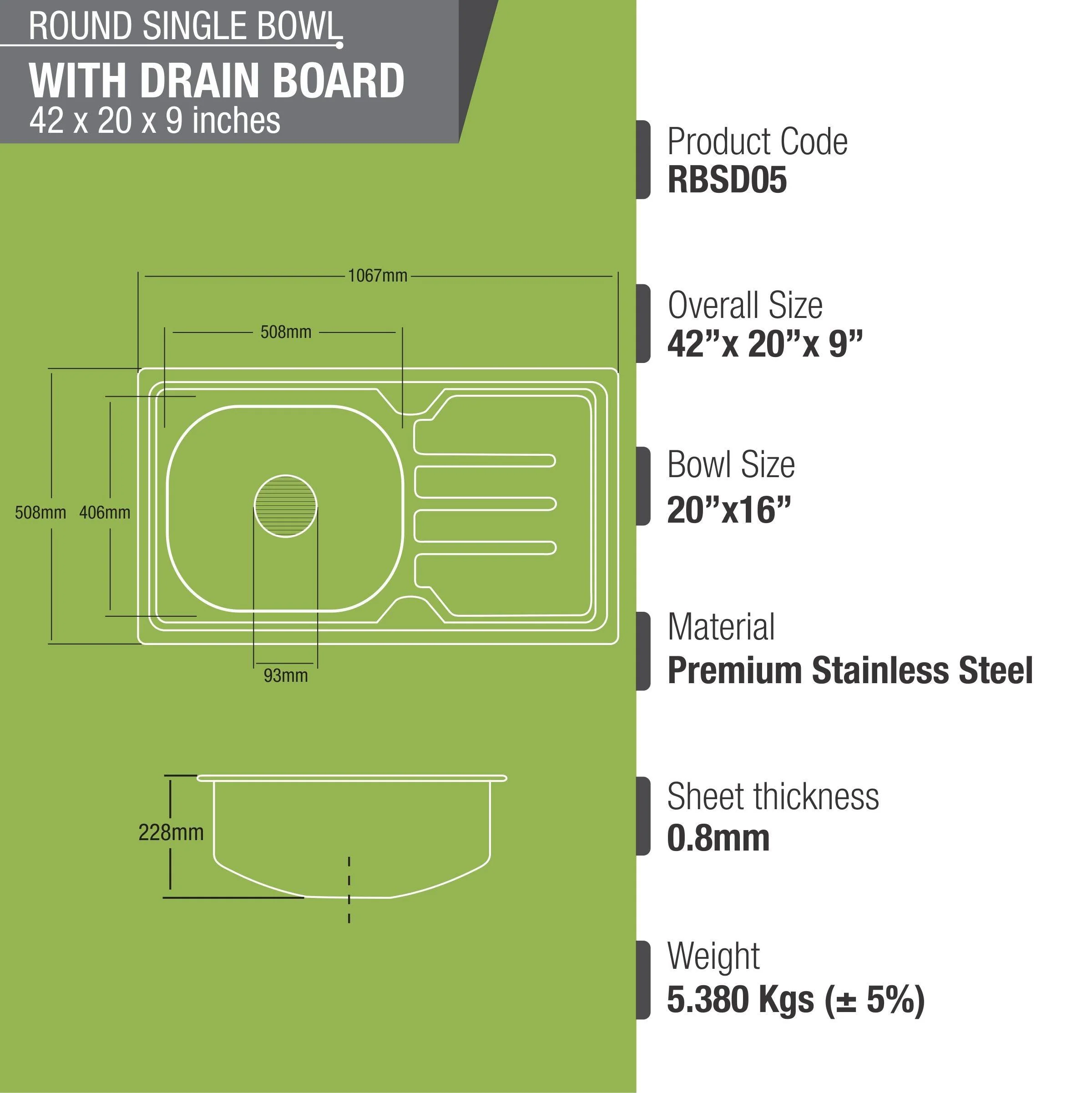 Round Single Bowl Kitchen Sink with Drainboard (42 x 20 x 9 Inches) - LIPKA - Image 3