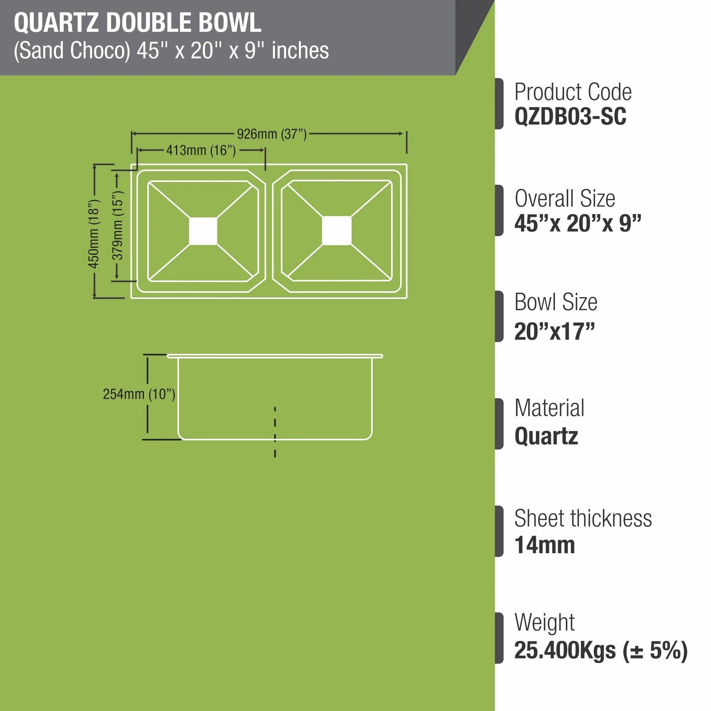 Sand Choco Quartz Double Bowl Kitchen Sink (45 x 20 x 9 Inches) - LIPKA - Image 3