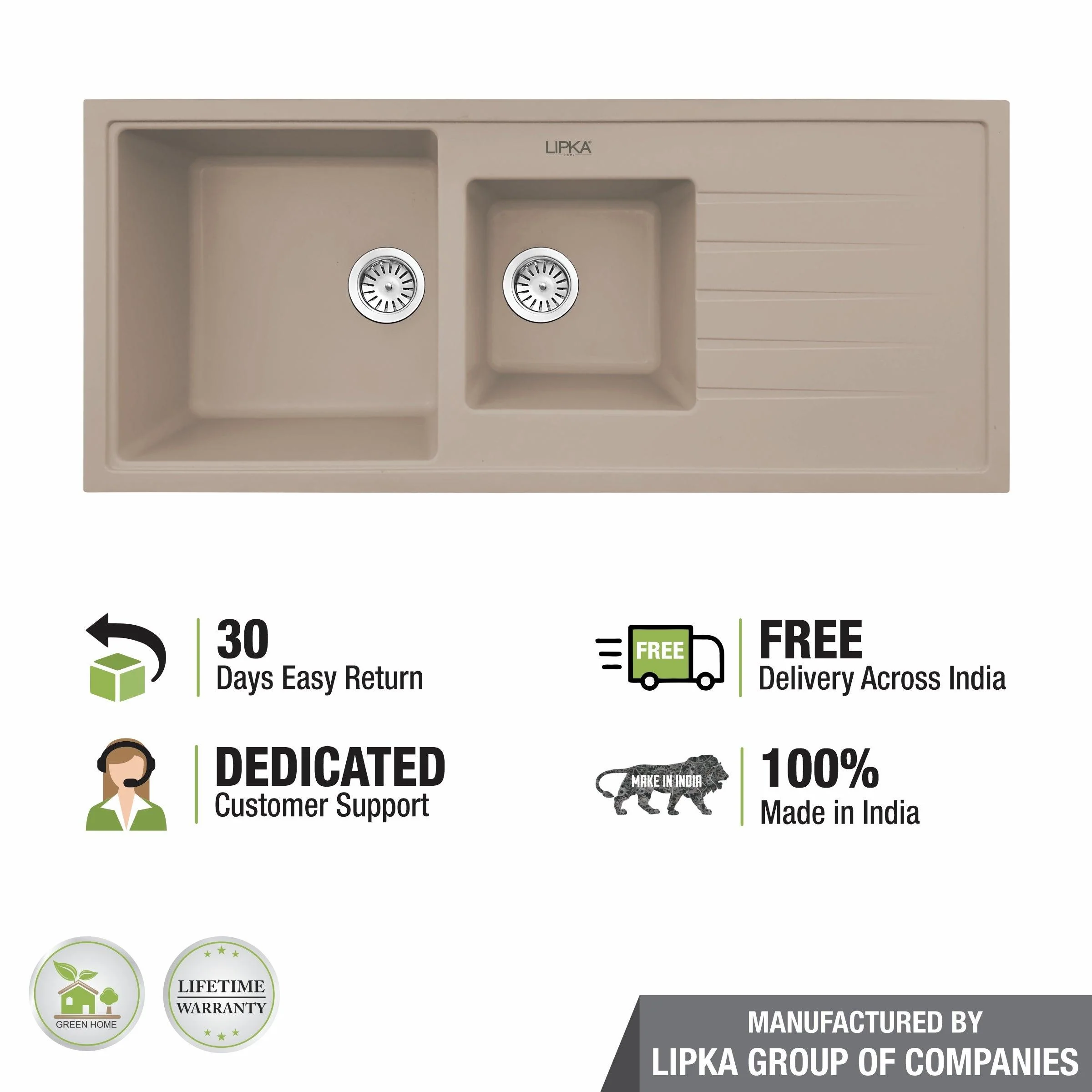 Sand Choco Quartz Double Bowl with Drainboard Kitchen Sink (45 x 20 x 9 Inches) - LIPKA - Image 5