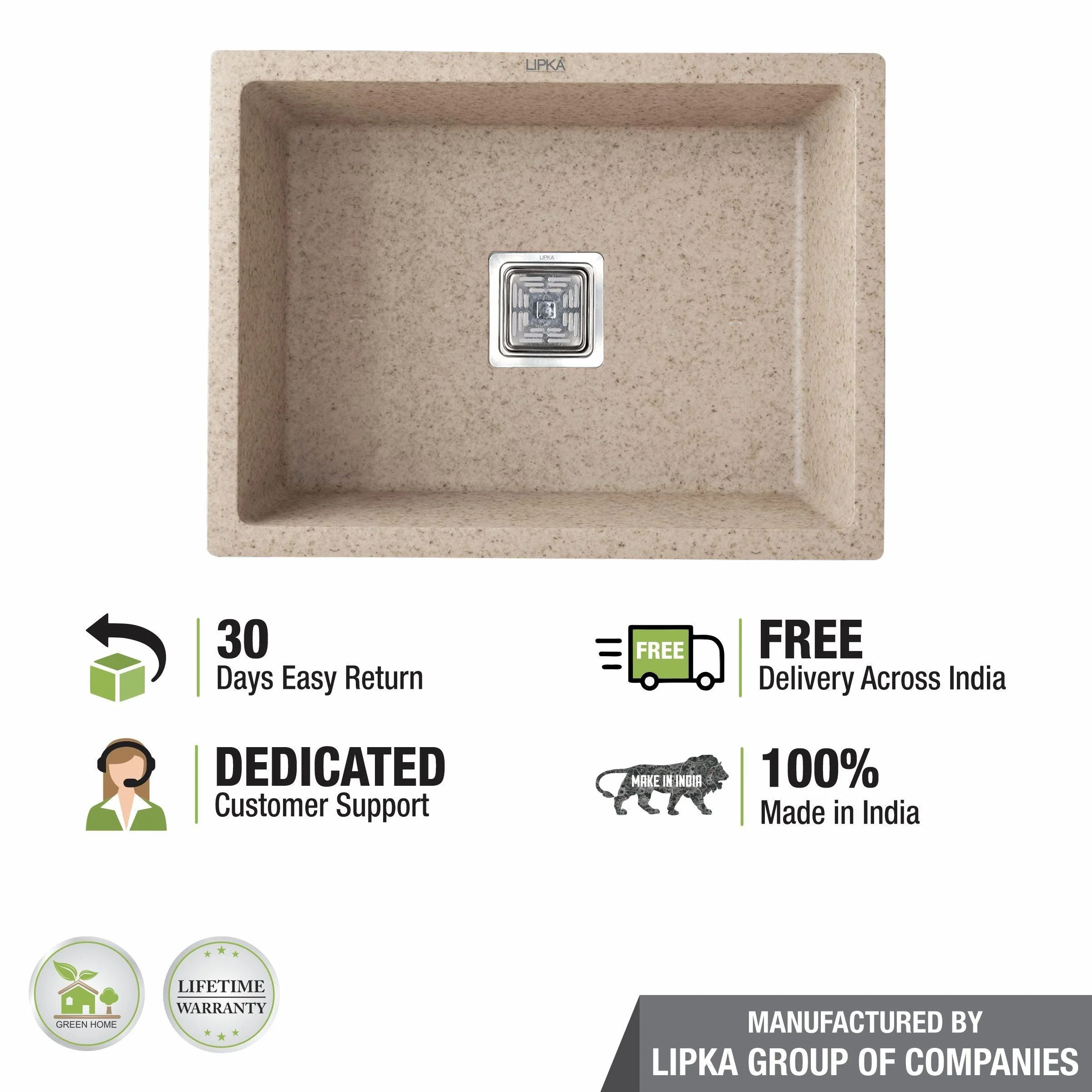 Sand Choco Quartz Single Bowl Kitchen Sink (24 x 18 x 9 Inches) - LIPKA - Image 5