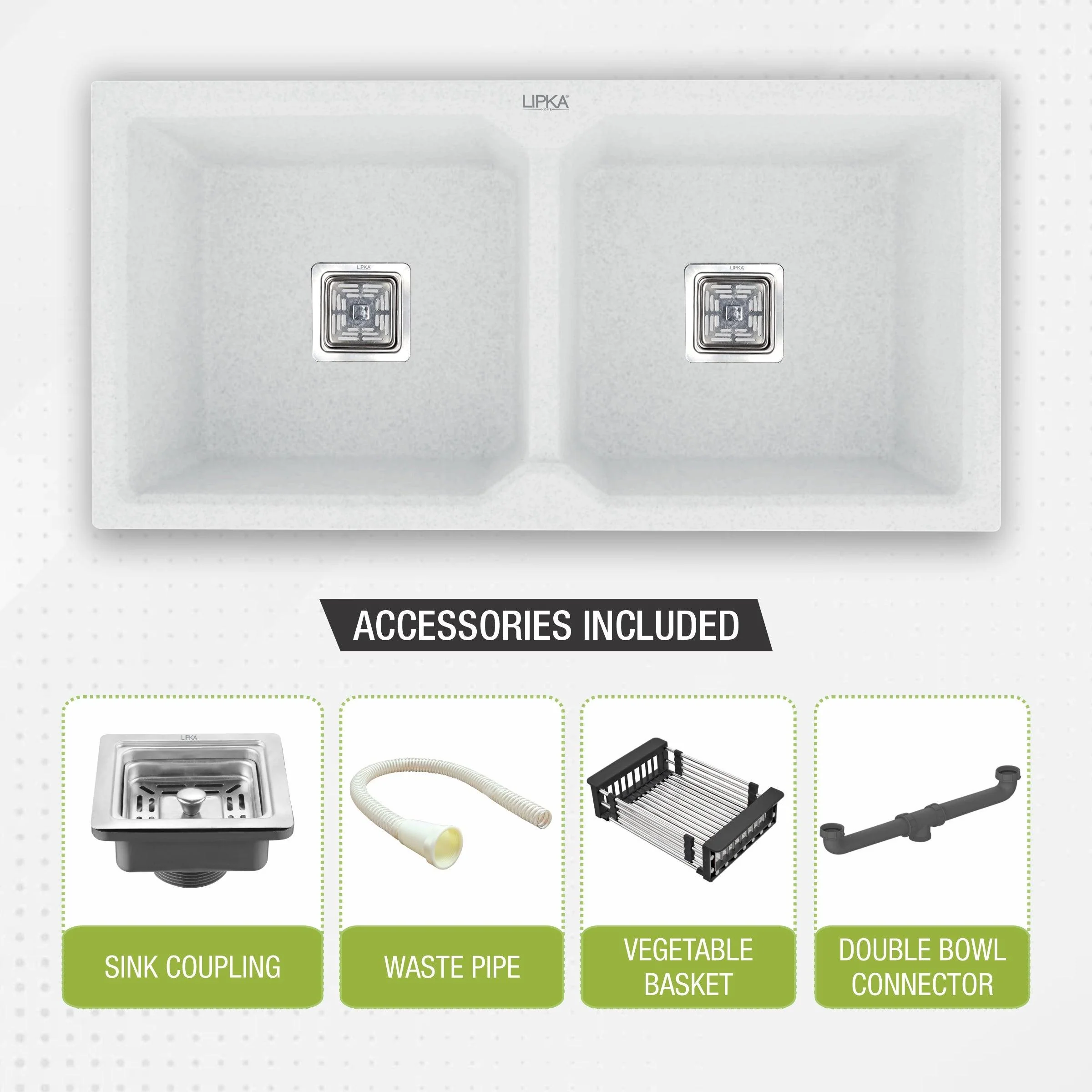 Crystal White Quartz Double Bowl Kitchen Sink (45 x 20 x 9 Inches) - LIPKA - Image 5
