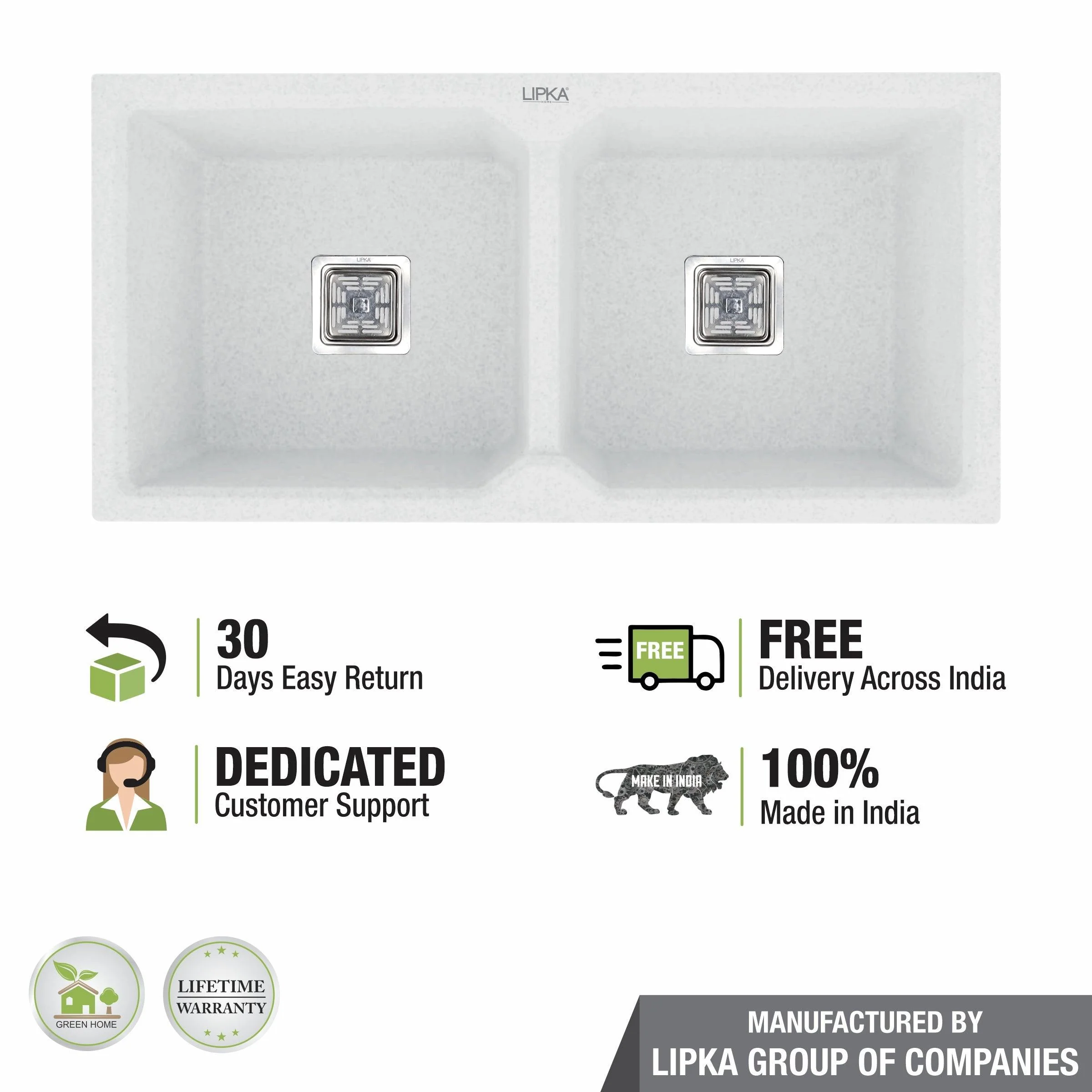 Crystal White Quartz Double Bowl Kitchen Sink (45 x 20 x 9 Inches) - LIPKA - Image 6