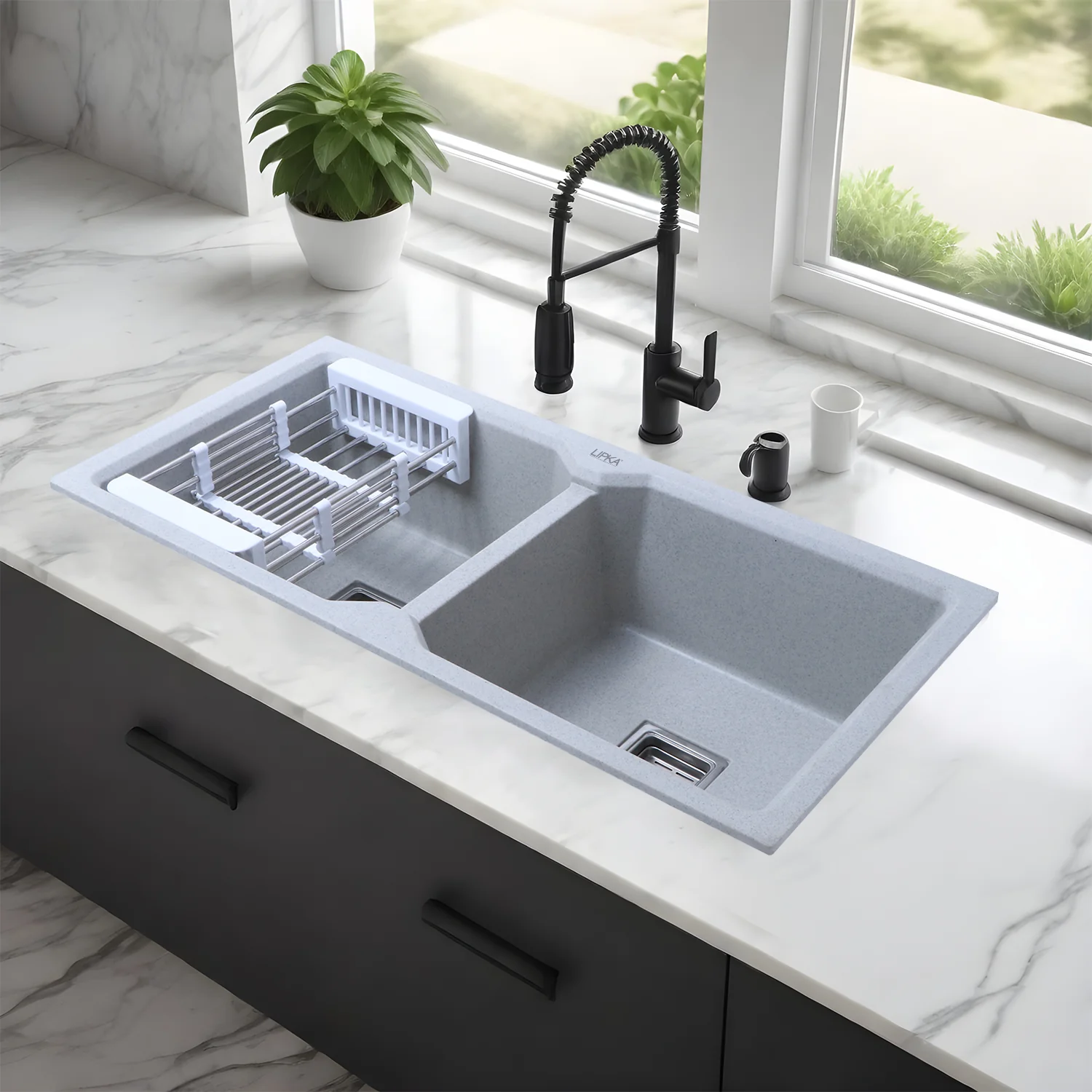 Sand Pluto Quartz Double Bowl Kitchen Sink (37 x 18 x 9 Inches) - LIPKA