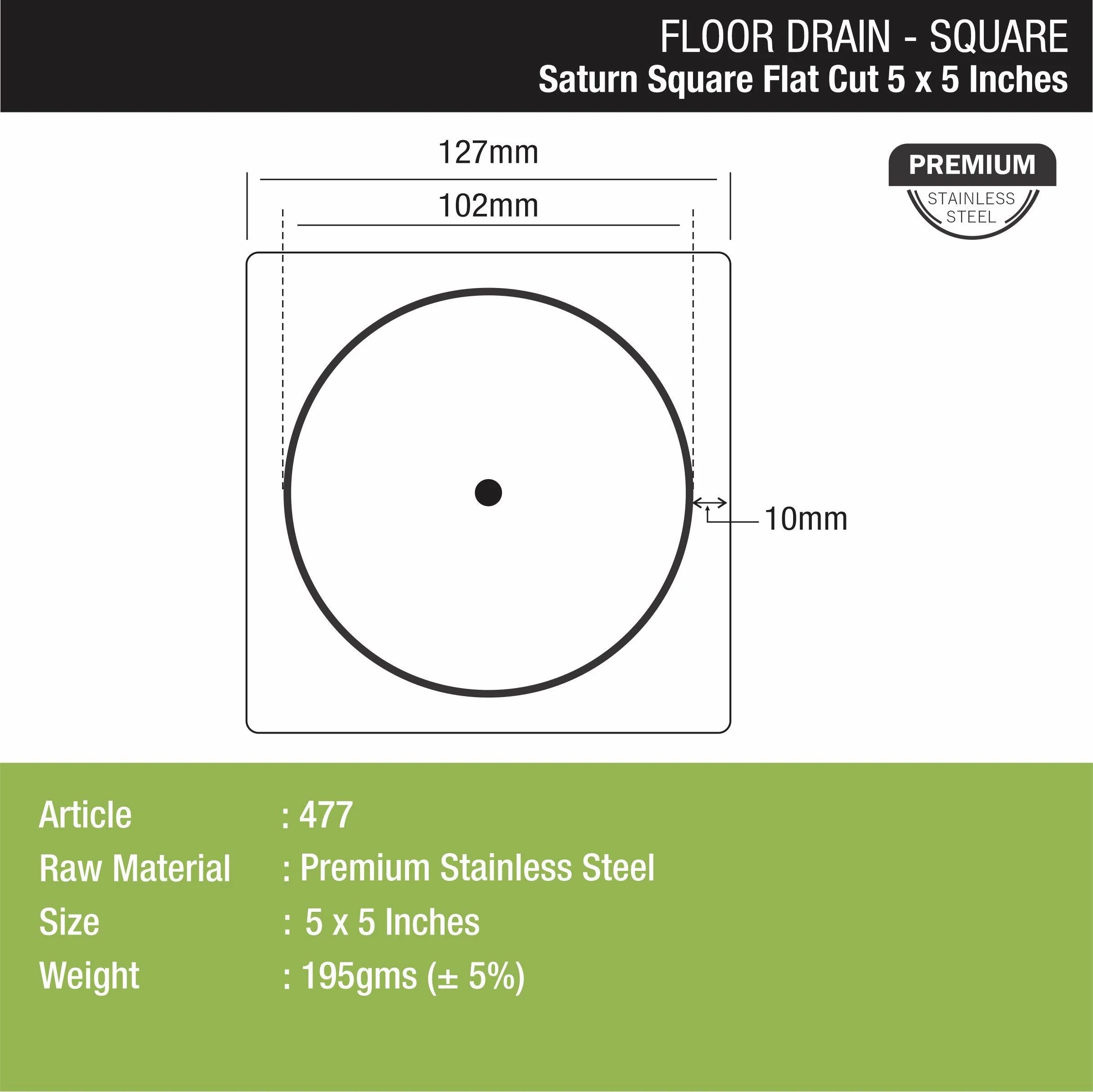 Saturn Square Flat Cut Floor Drain (5 x 5 Inches) - LIPKA - Image 2