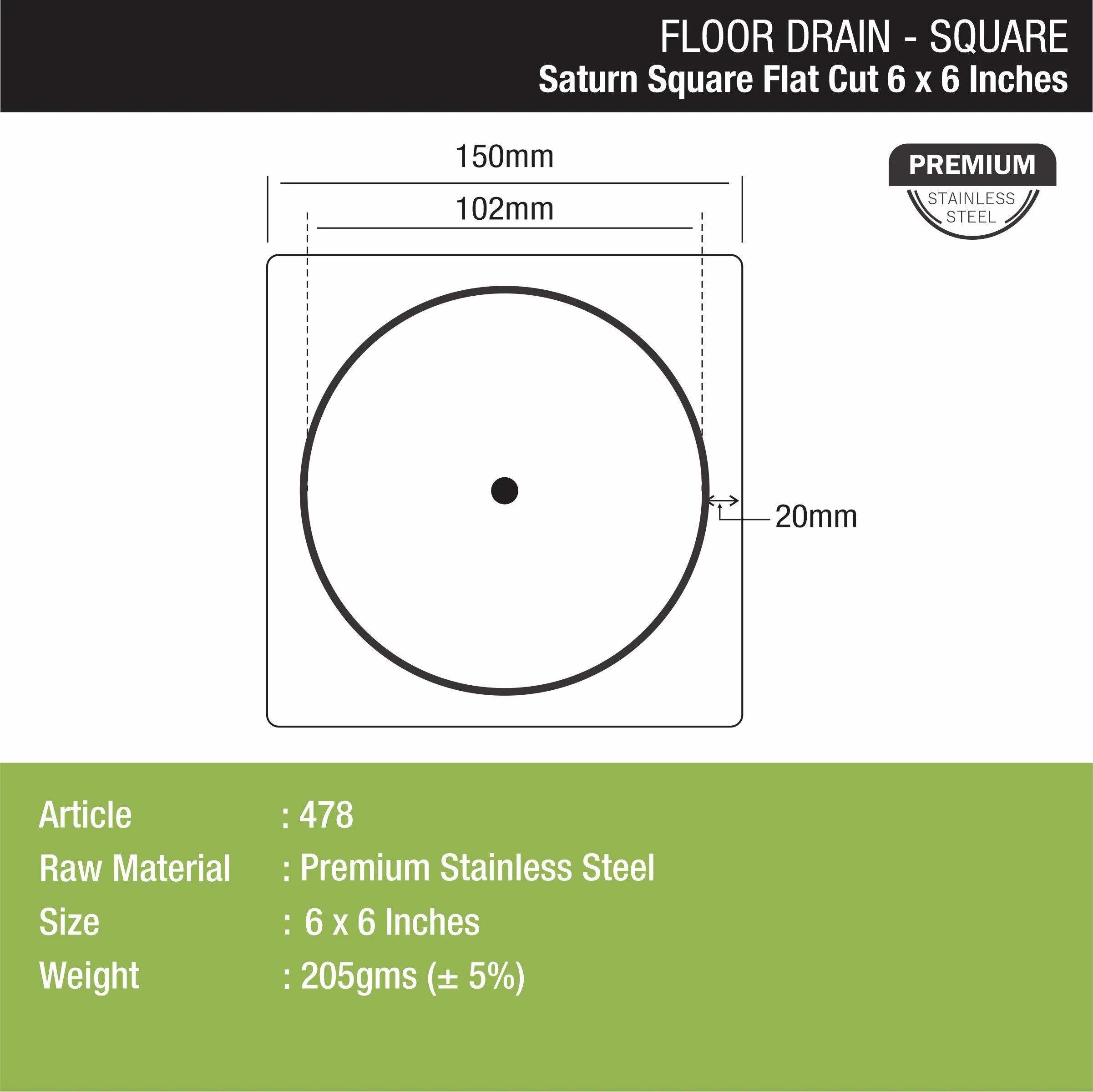 Saturn Square Flat Cut Floor Drain (6 x 6 Inches) - LIPKA - Image 2