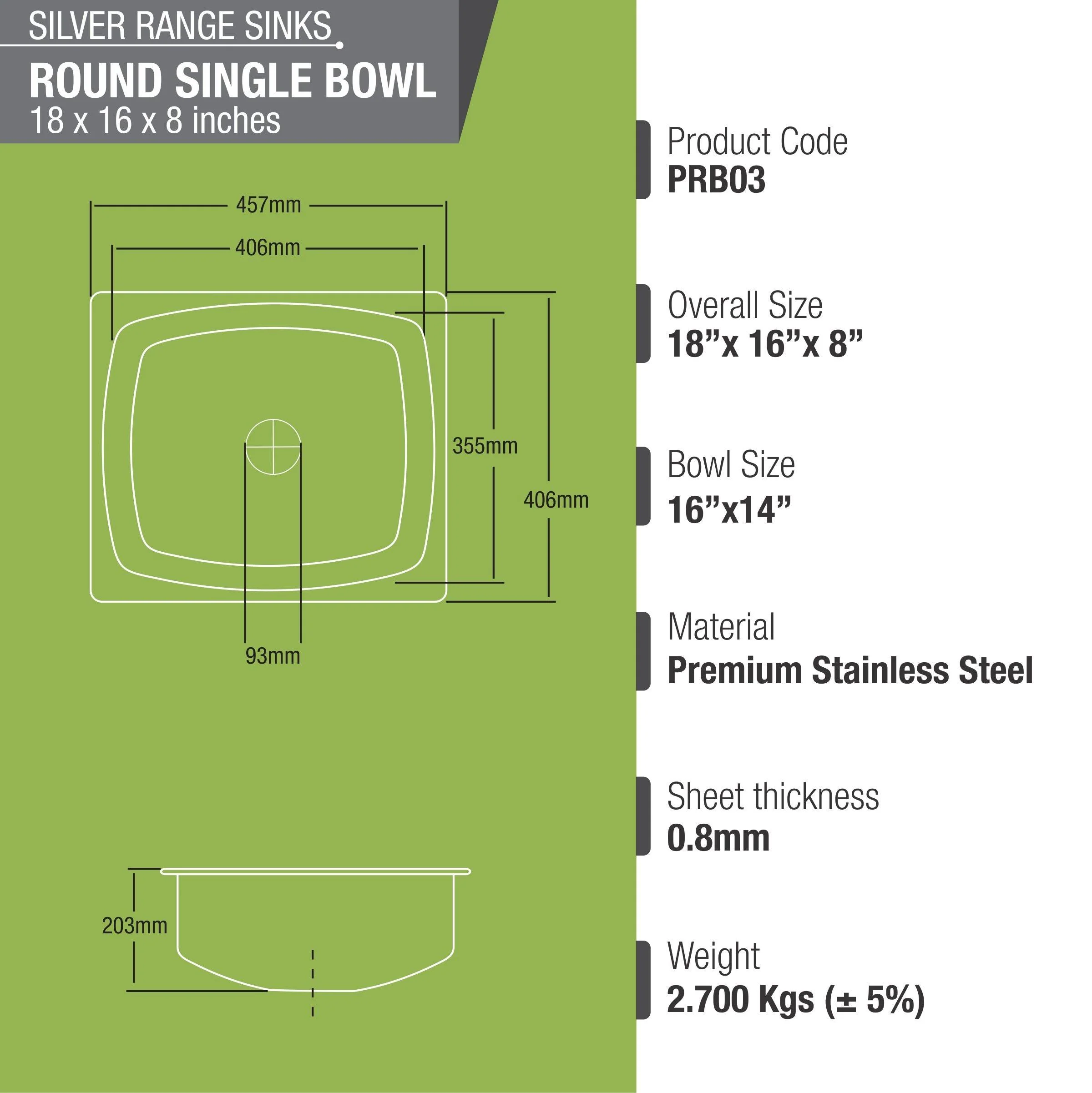 Silver Range Round Single Bowl Kitchen Sink (18 x 16 x 8 Inches) - LIPKA - Image 2