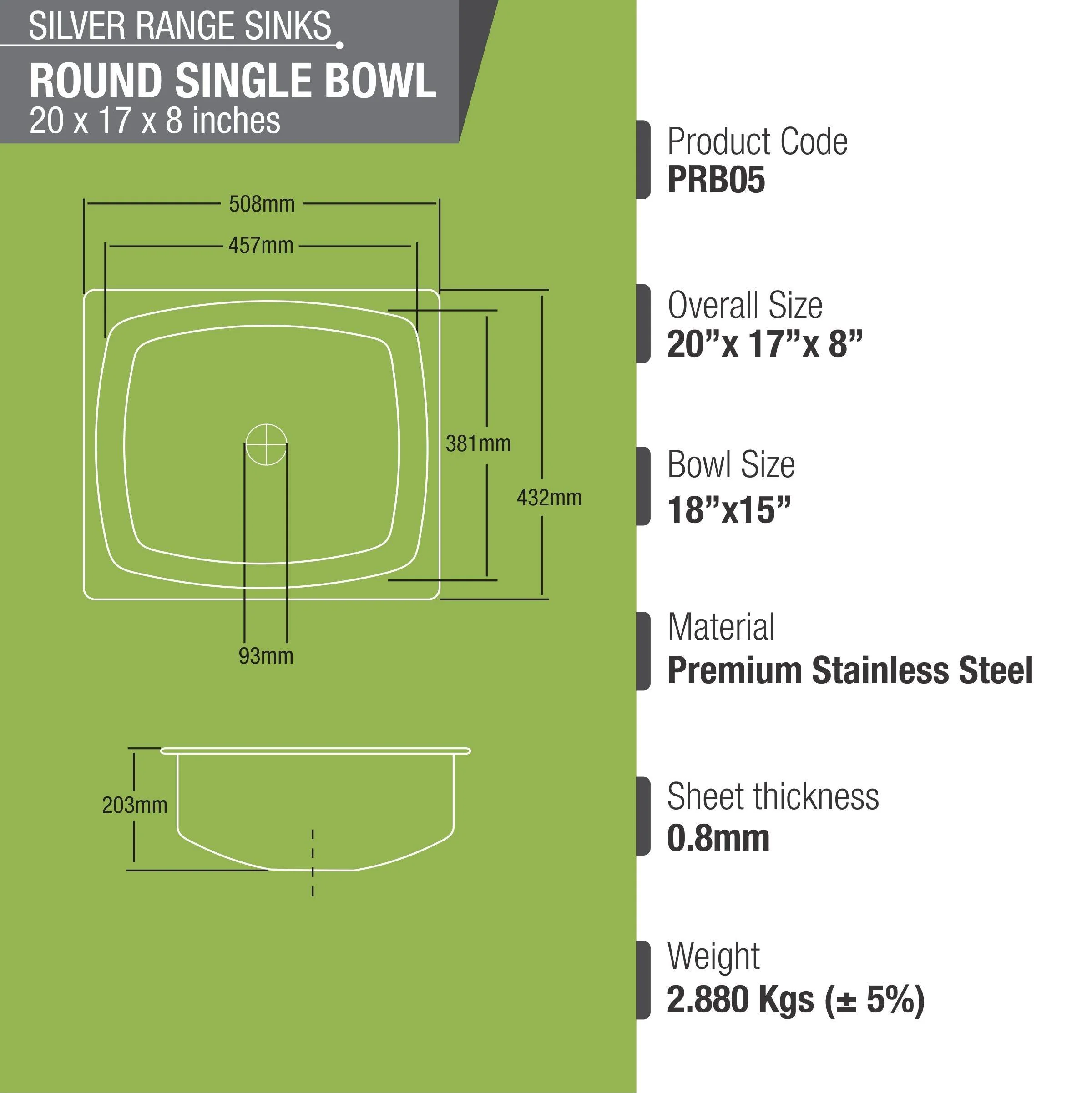 Silver Range Round Single Bowl Kitchen Sink (20 x 17 x 8 Inches) - LIPKA - Image 2