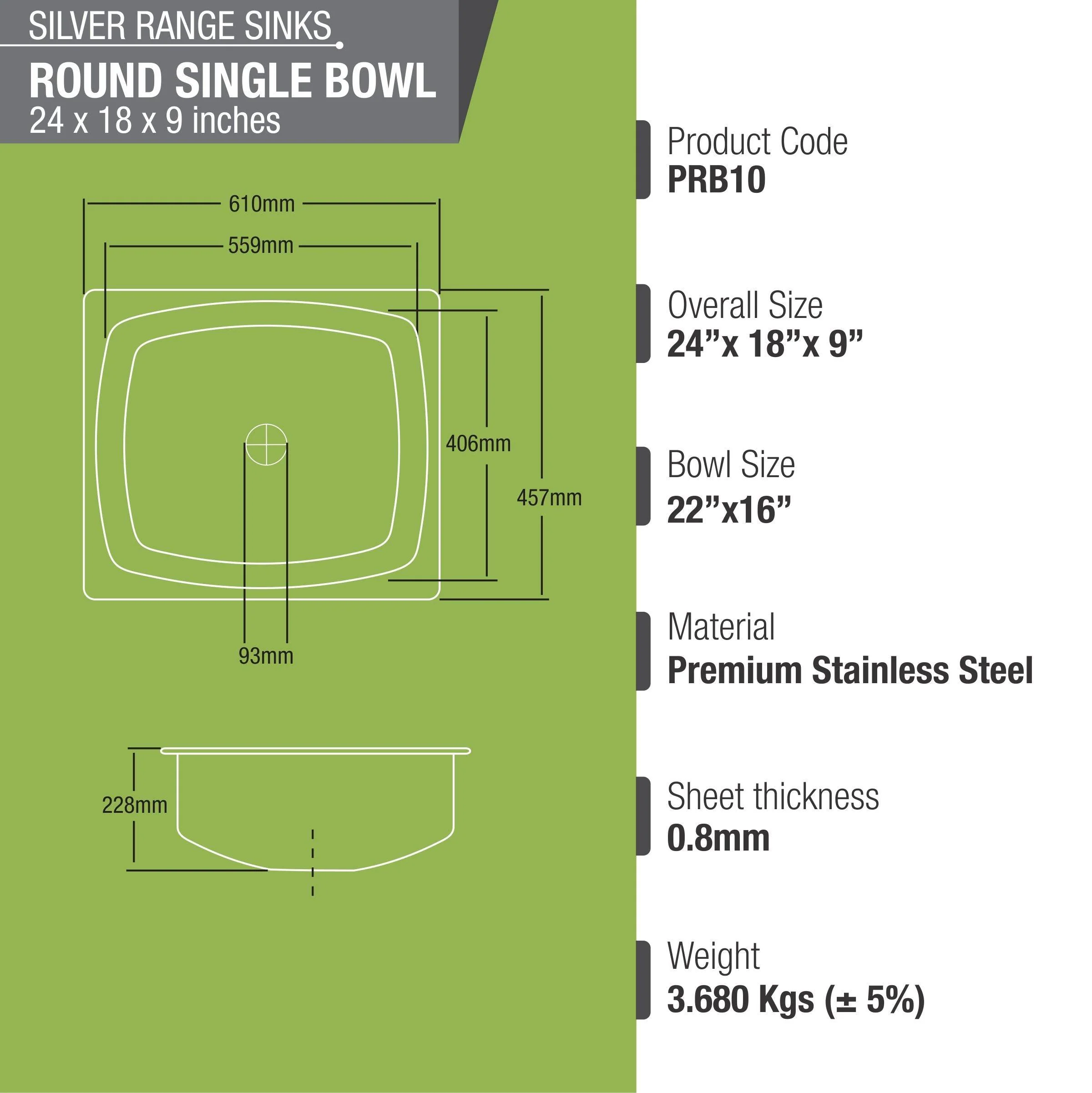 Silver Range Round Single Bowl Kitchen Sink (24 x 18 x 9 Inches) - LIPKA - Image 3