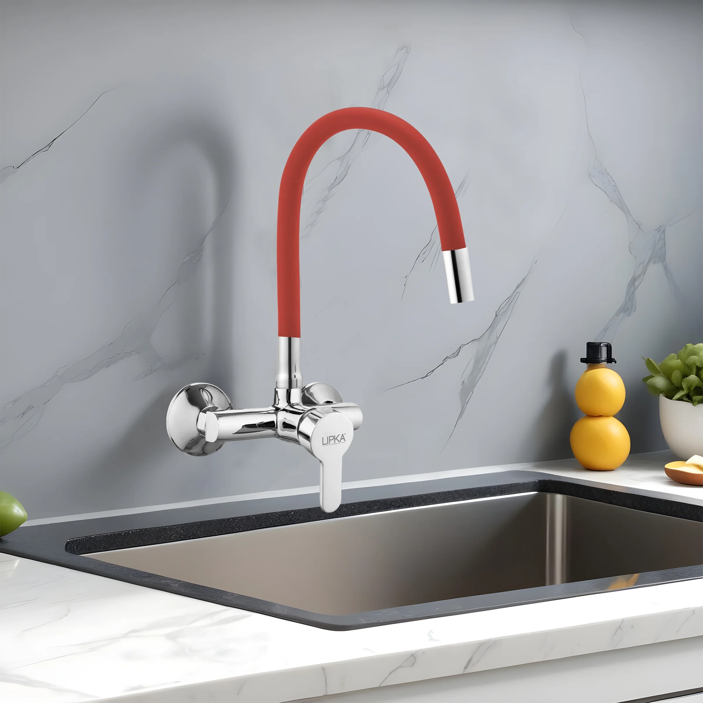 Kyron Single Lever Sink Mixer with Red Flexible Silicone Spout (20 Inches) - LIPKA
