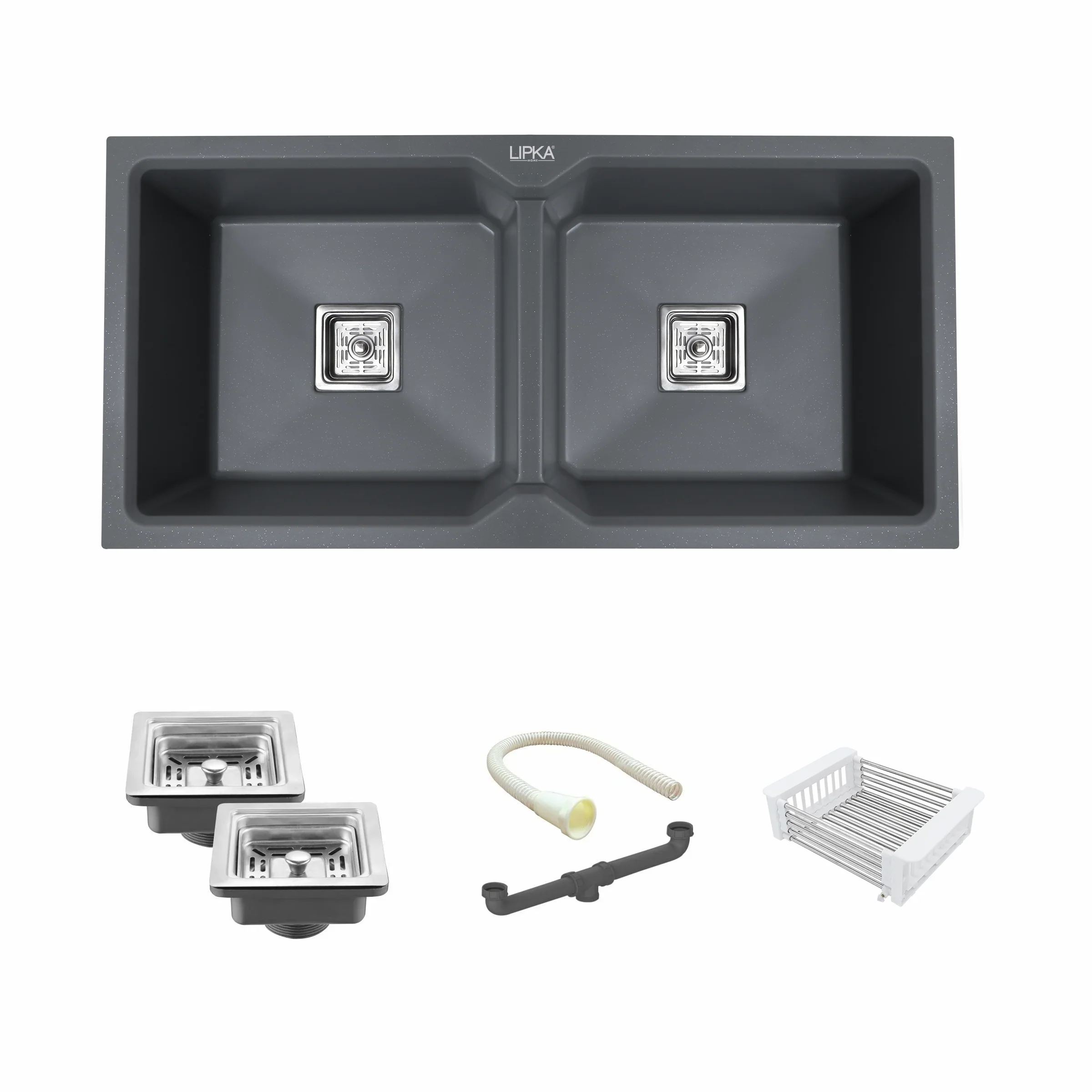 Smokey Grey Quartz Double Bowl Kitchen Sink (37 x 18 x 9 Inches) - LIPKA - Image 2