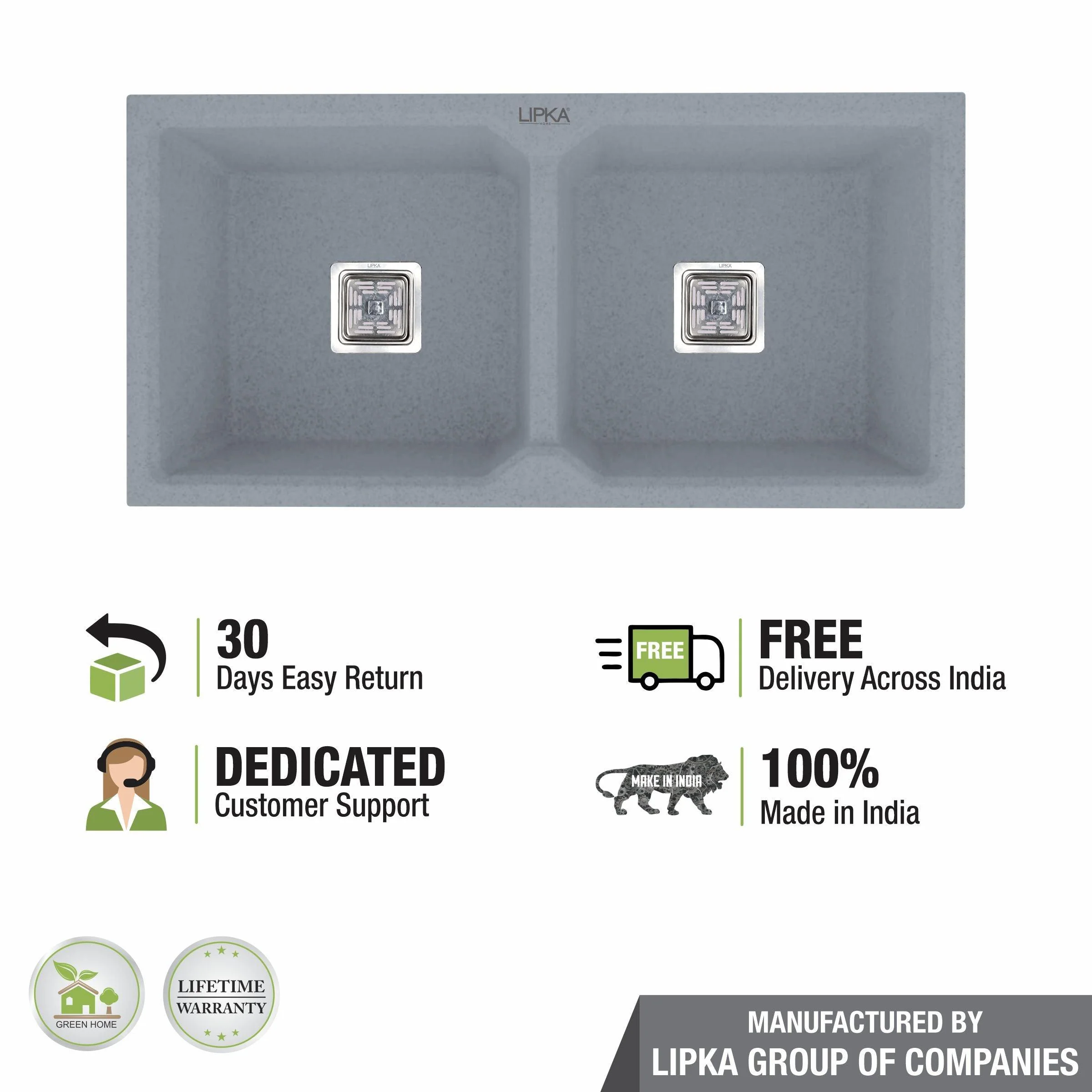 Smokey Grey Quartz Double Bowl Kitchen Sink (37 x 18 x 9 Inches) - LIPKA - Image 5