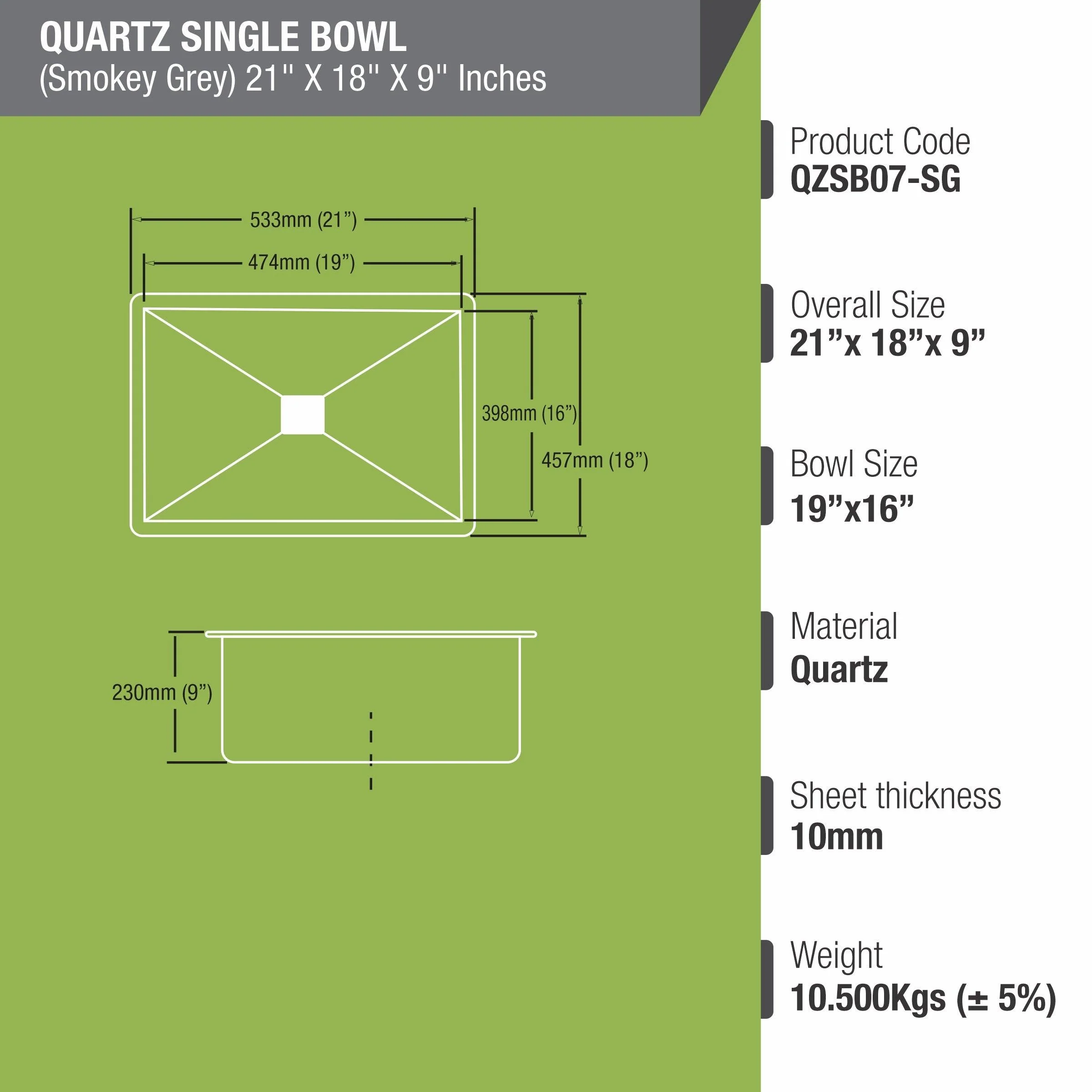 Smokey Grey Quartz Single Bowl Kitchen Sink (21 x 18 x 9 Inches) - LIPKA - Image 3
