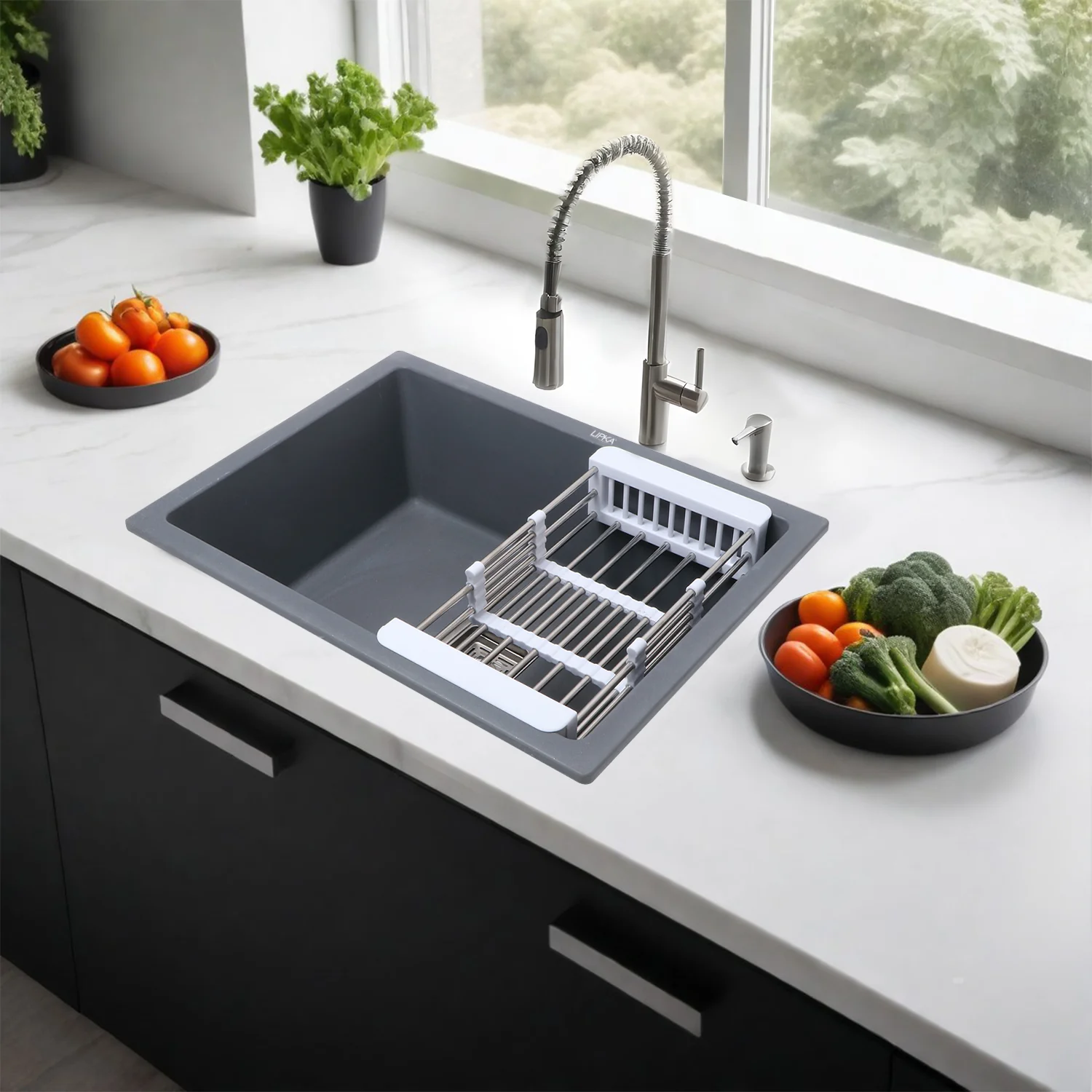 Smokey Grey Quartz Single Bowl Kitchen Sink (24 x 18 x 9 Inches) - LIPKA