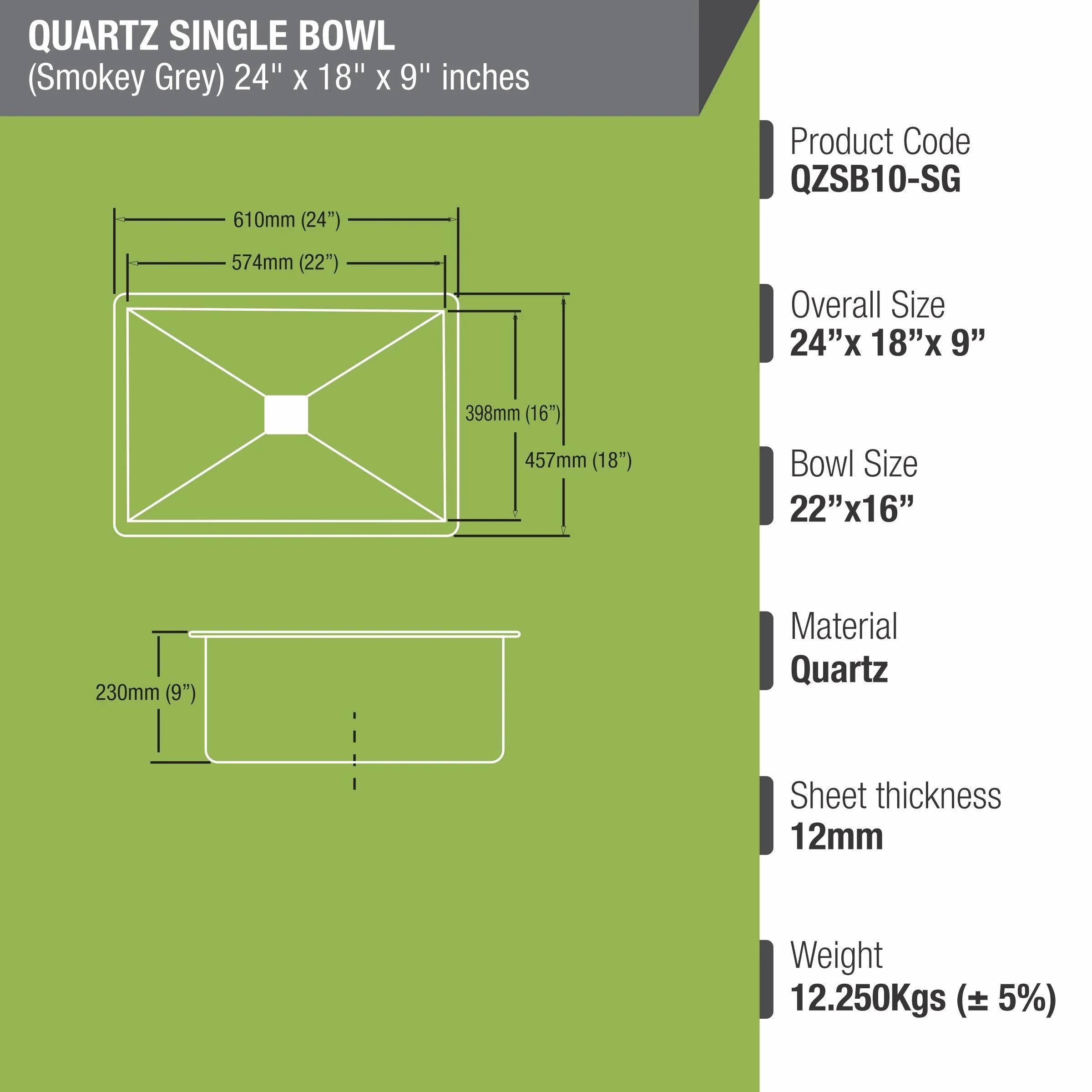 Smokey Grey Quartz Single Bowl Kitchen Sink (24 x 18 x 9 Inches) - LIPKA - Image 3