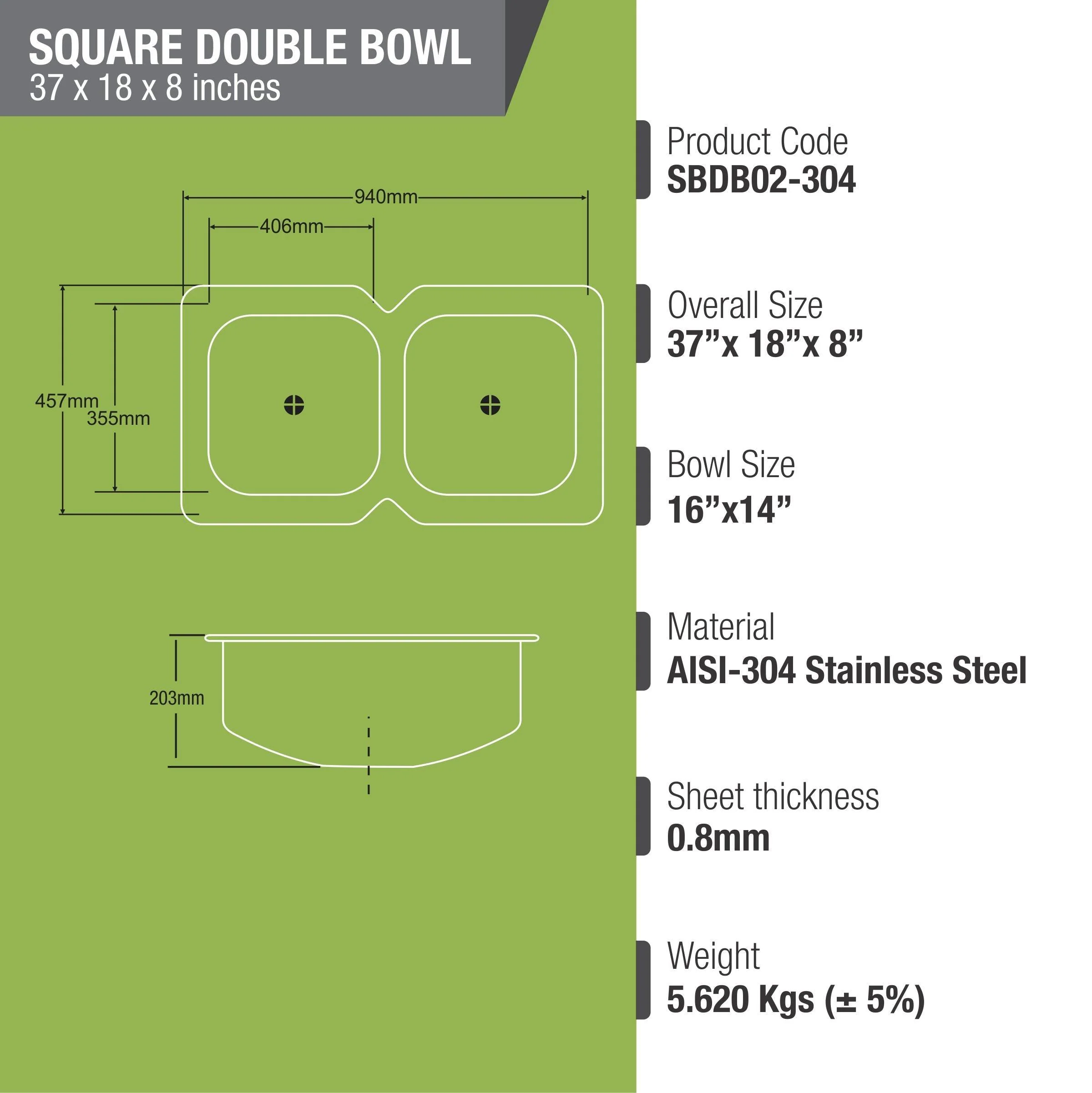 Square Double Bowl 304-Grade Kitchen Sink (37 x 18 x 8 Inches) - LIPKA - Image 3