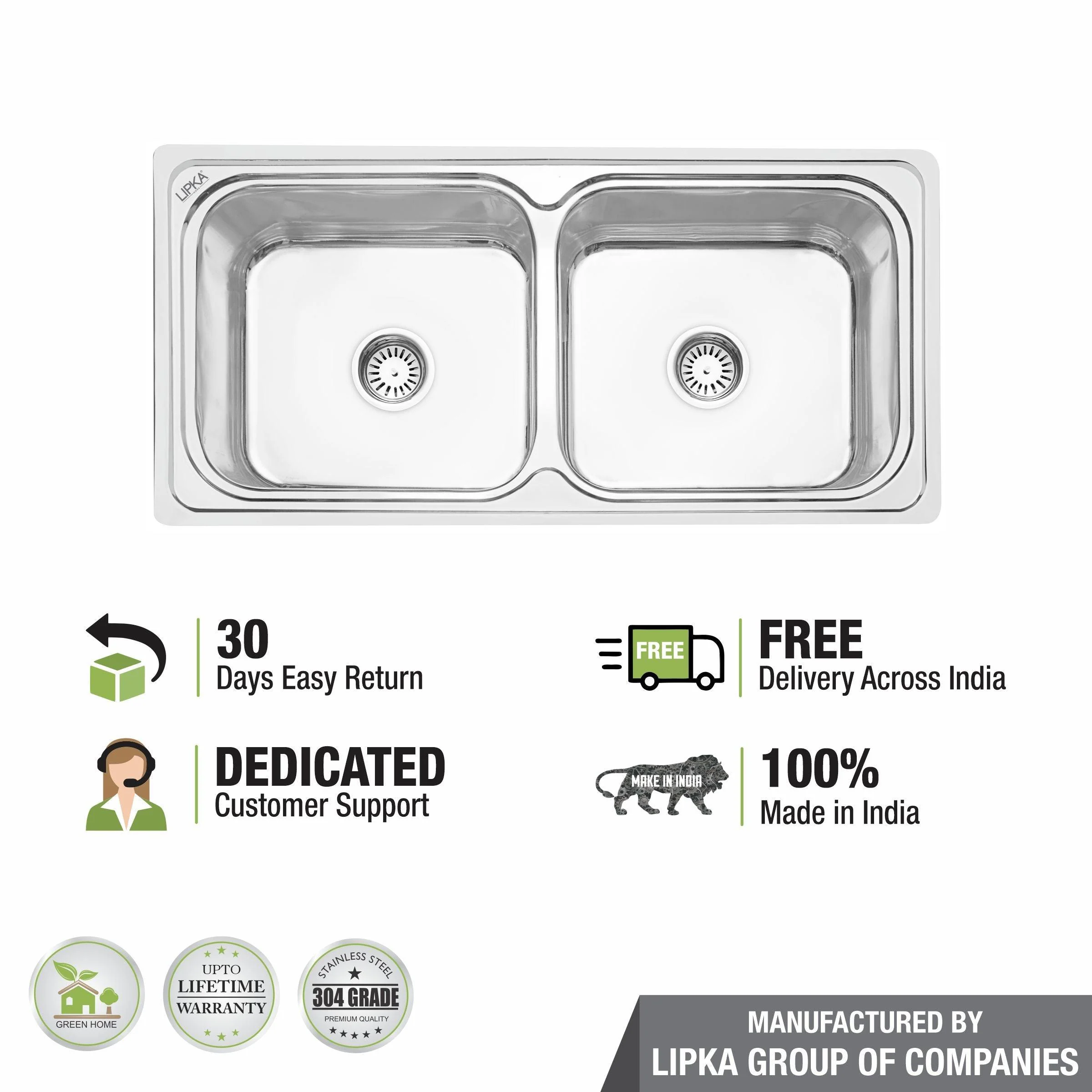 Square Double Bowl 304-Grade Kitchen Sink (37 x 18 x 8 Inches) - LIPKA - Image 6