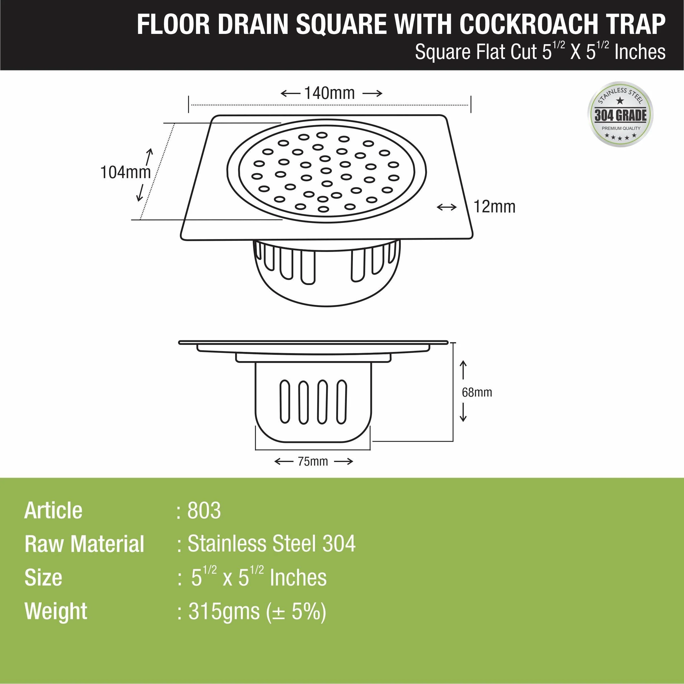 Square Flat Cut Floor Drain (5.5 x 5.5 Inches) with Cockroach Trap - LIPKA - Image 2